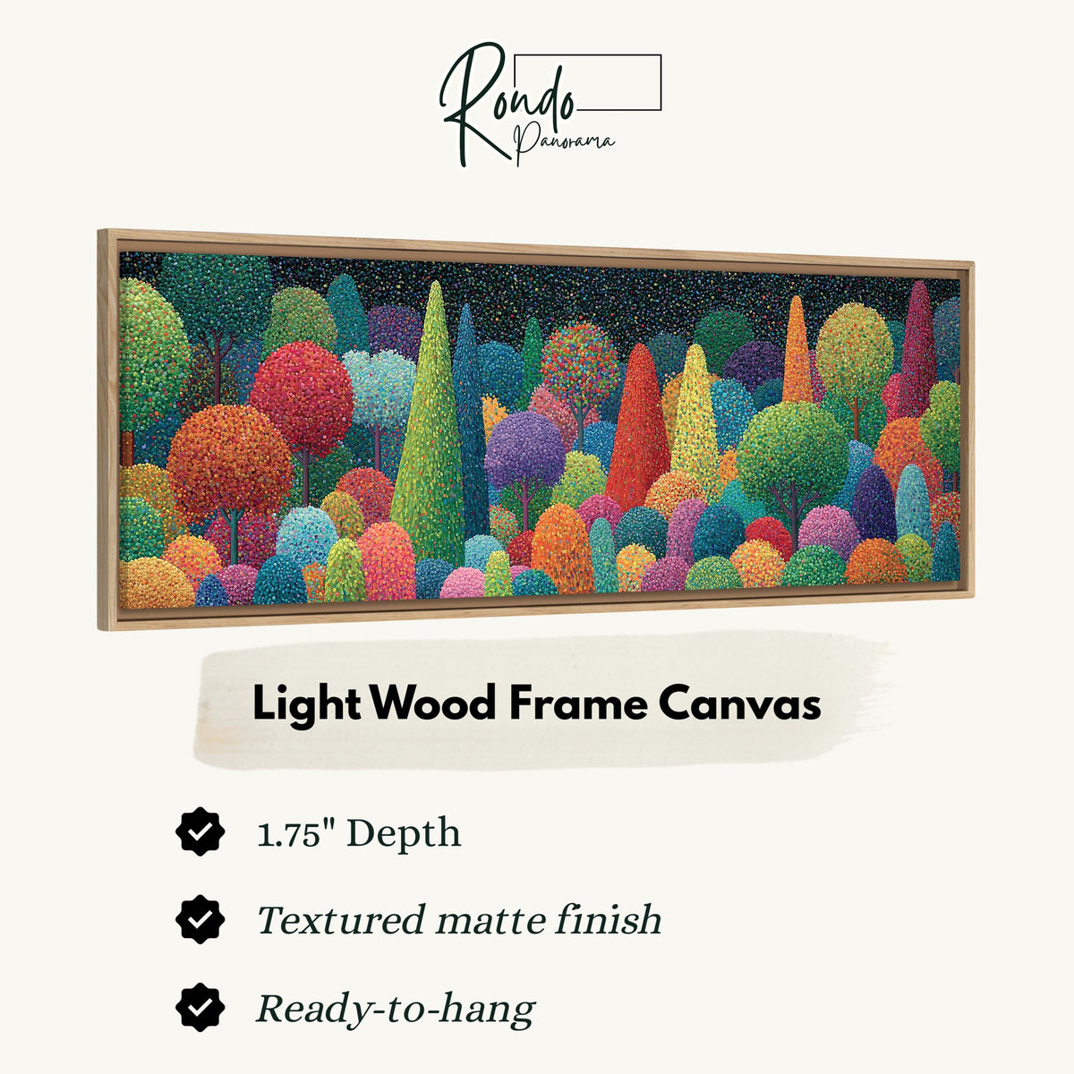 Whimsical rainbow pointillist forest canvas print in a light wood floating frame