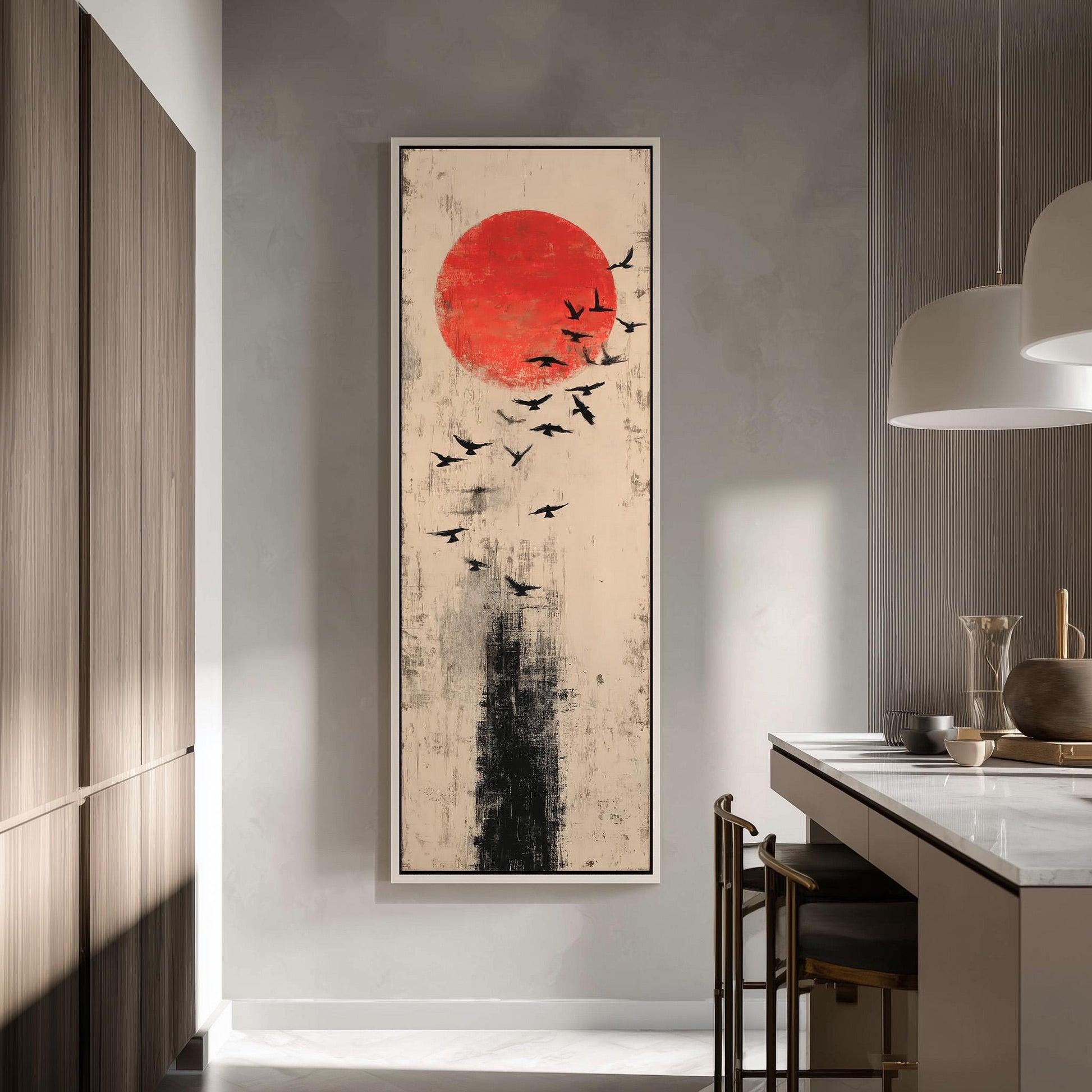 a large, abstract painting hanging on a wall in a modern kitchen. The painting depicts a flock of birds flying in front of a large, red circle, creating a dynamic and visually striking scene.