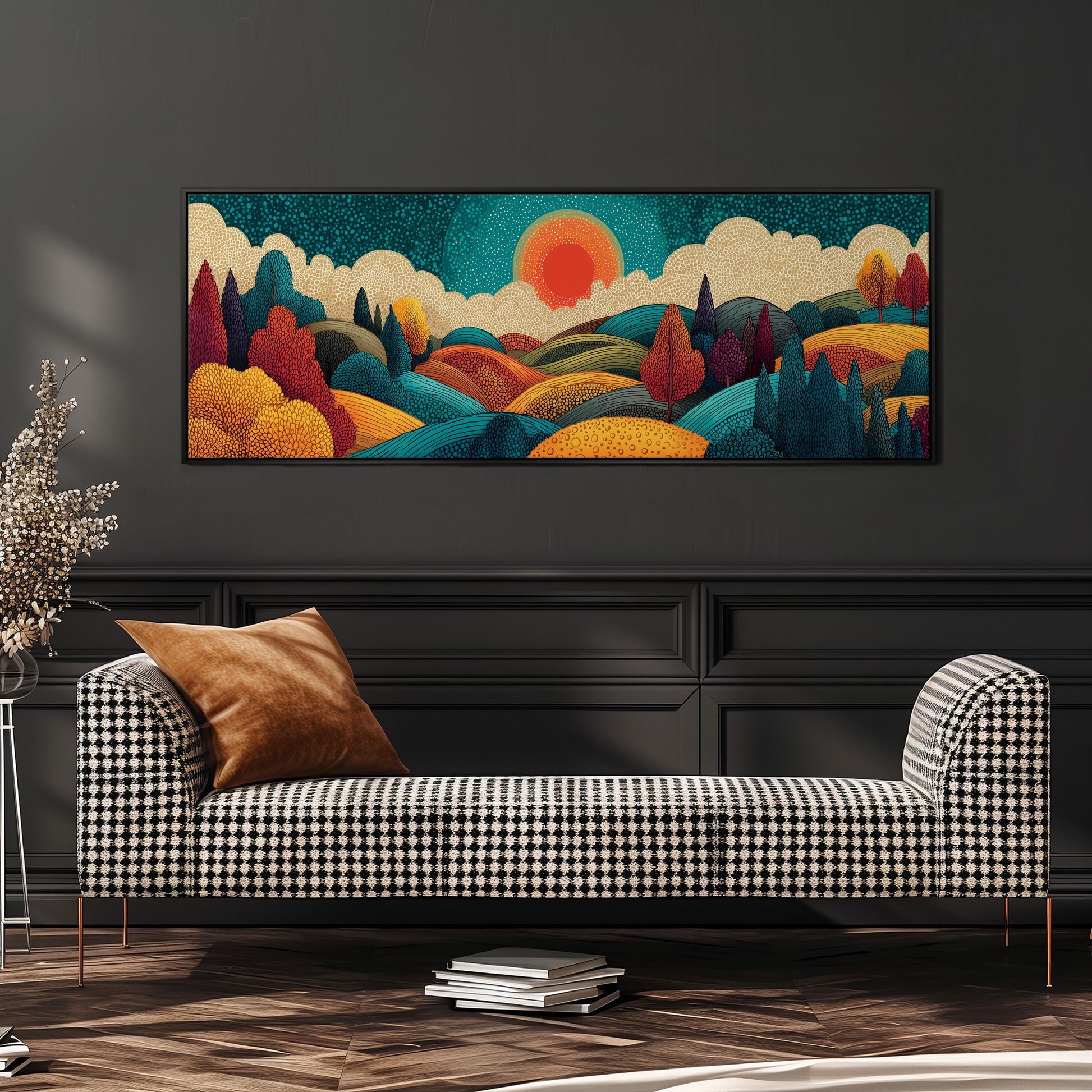 a large, colorful landscape painting hanging on a wall above a black and white checkered sofa.