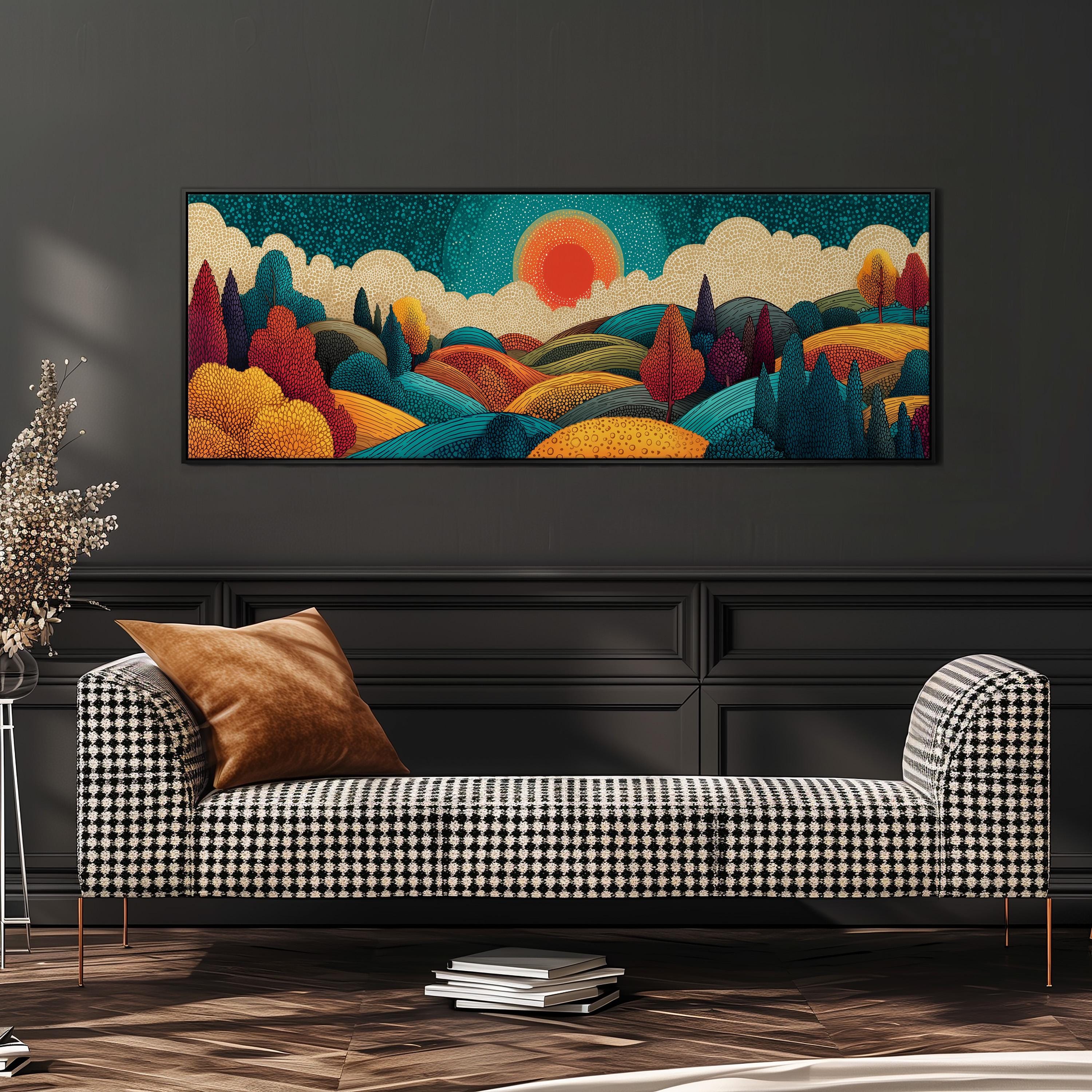 a large, colorful landscape painting hanging on a wall above a black and white checkered sofa.
