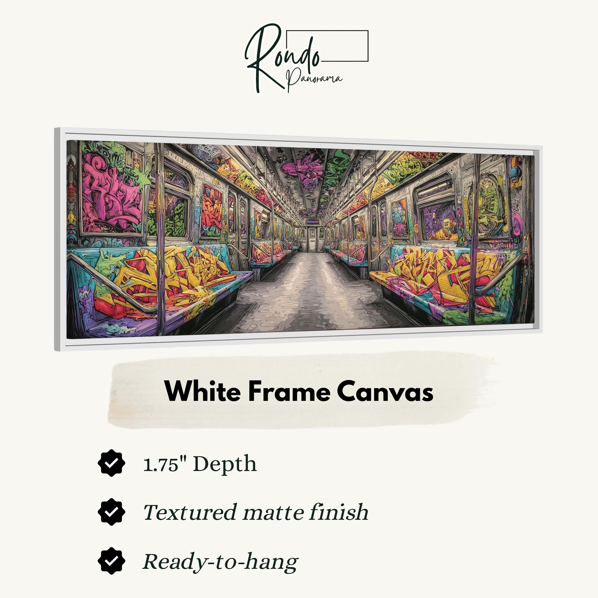 The image is a white frame canvas depicting a colorful and vibrant subway car interior with graffiti art.
