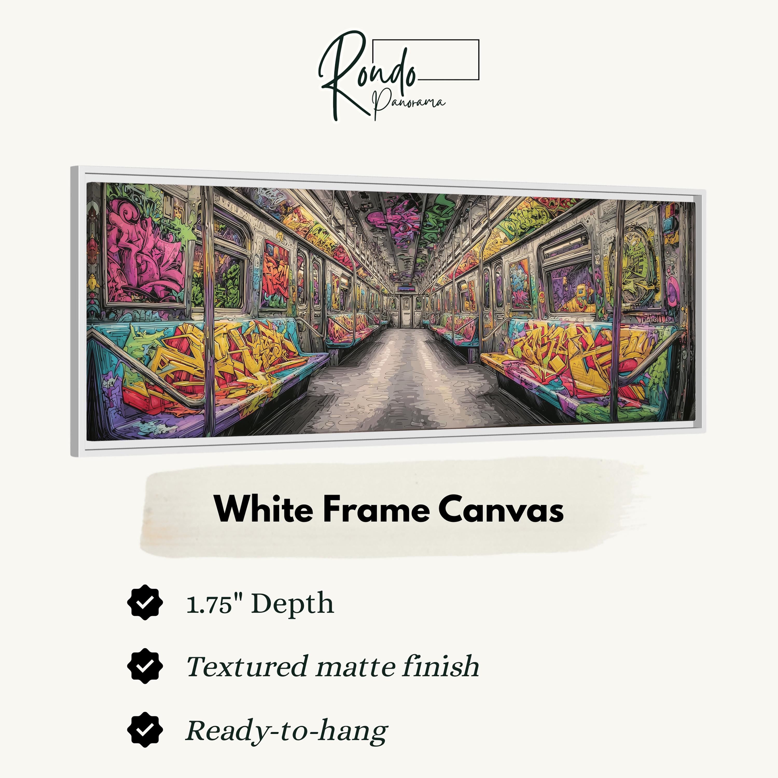 The image is a white frame canvas depicting a colorful and vibrant subway car interior with graffiti art.