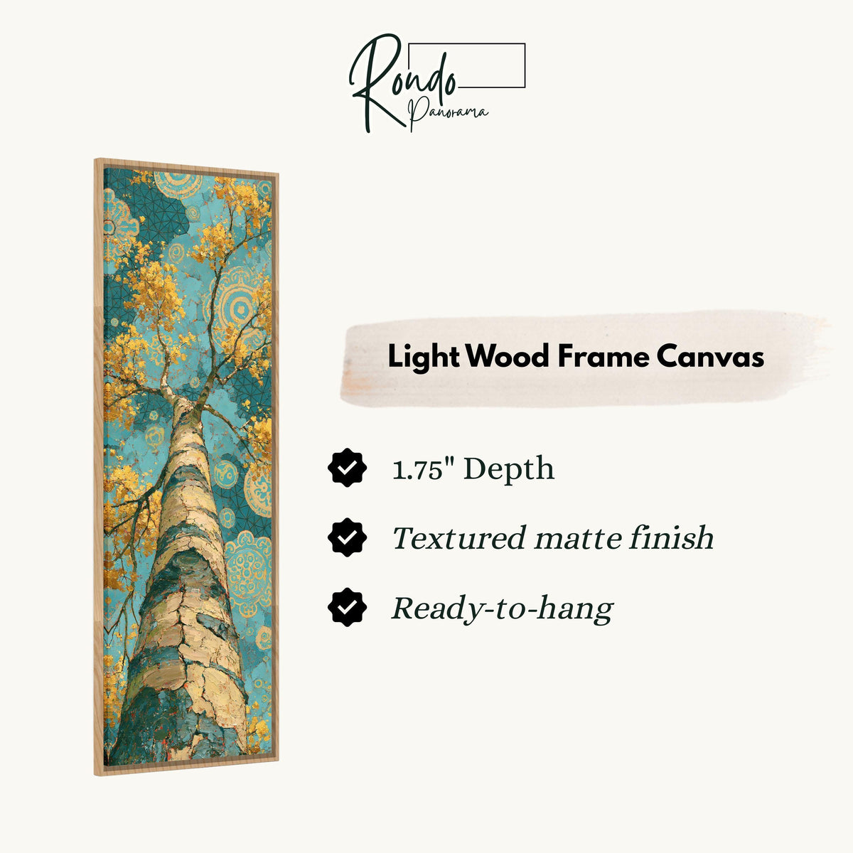 Golden birch tree rising into a mandala sky canvas print in a light wood floating frame