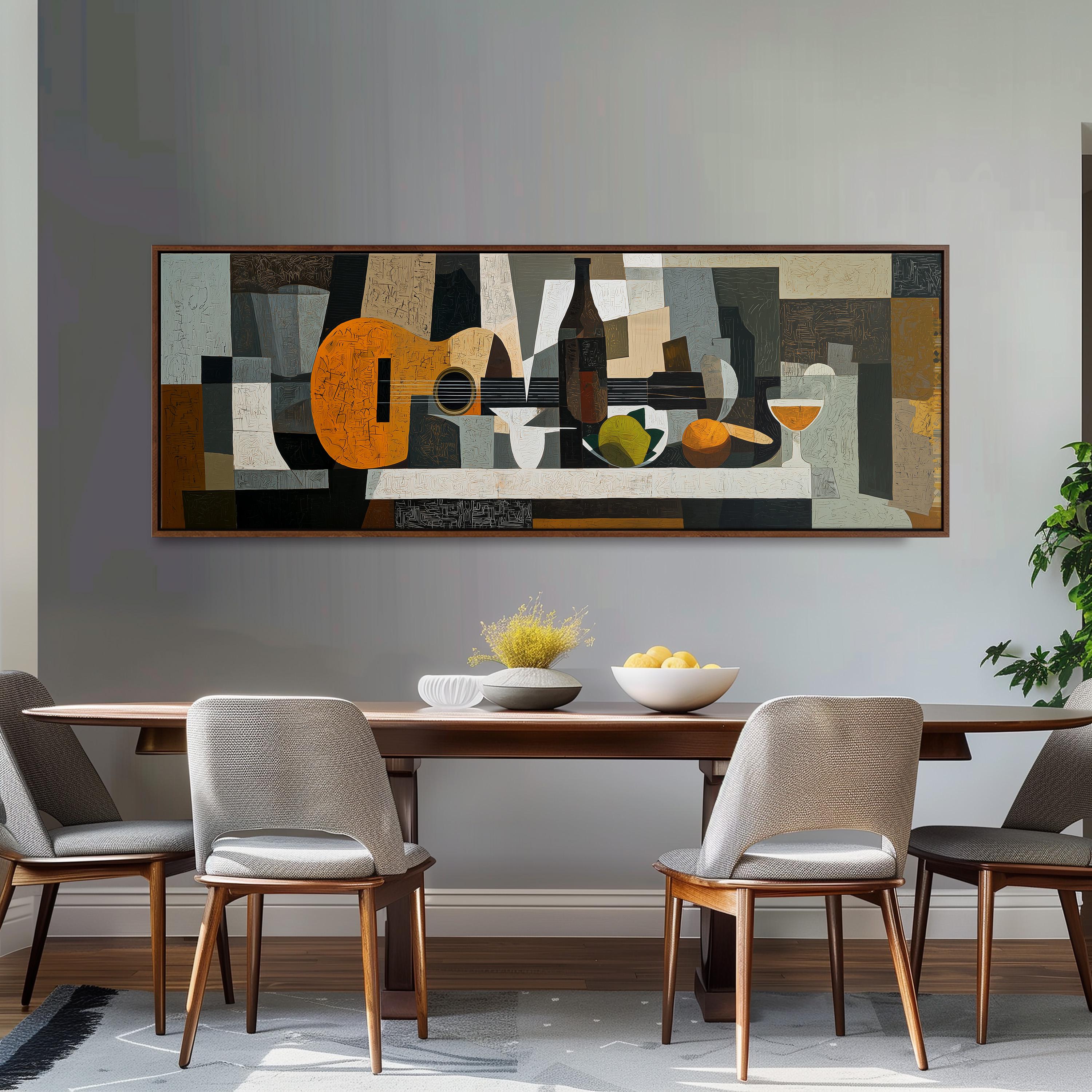 a modern dining room with a large abstract painting hanging on the wall above a wooden dining table. The table is set with a bowl of fruit and a vase of flowers, creating a warm and inviting atmosphere. The room is furnished with four chairs, two on each side of the table, and a potted plant is placed on the right side of the room.