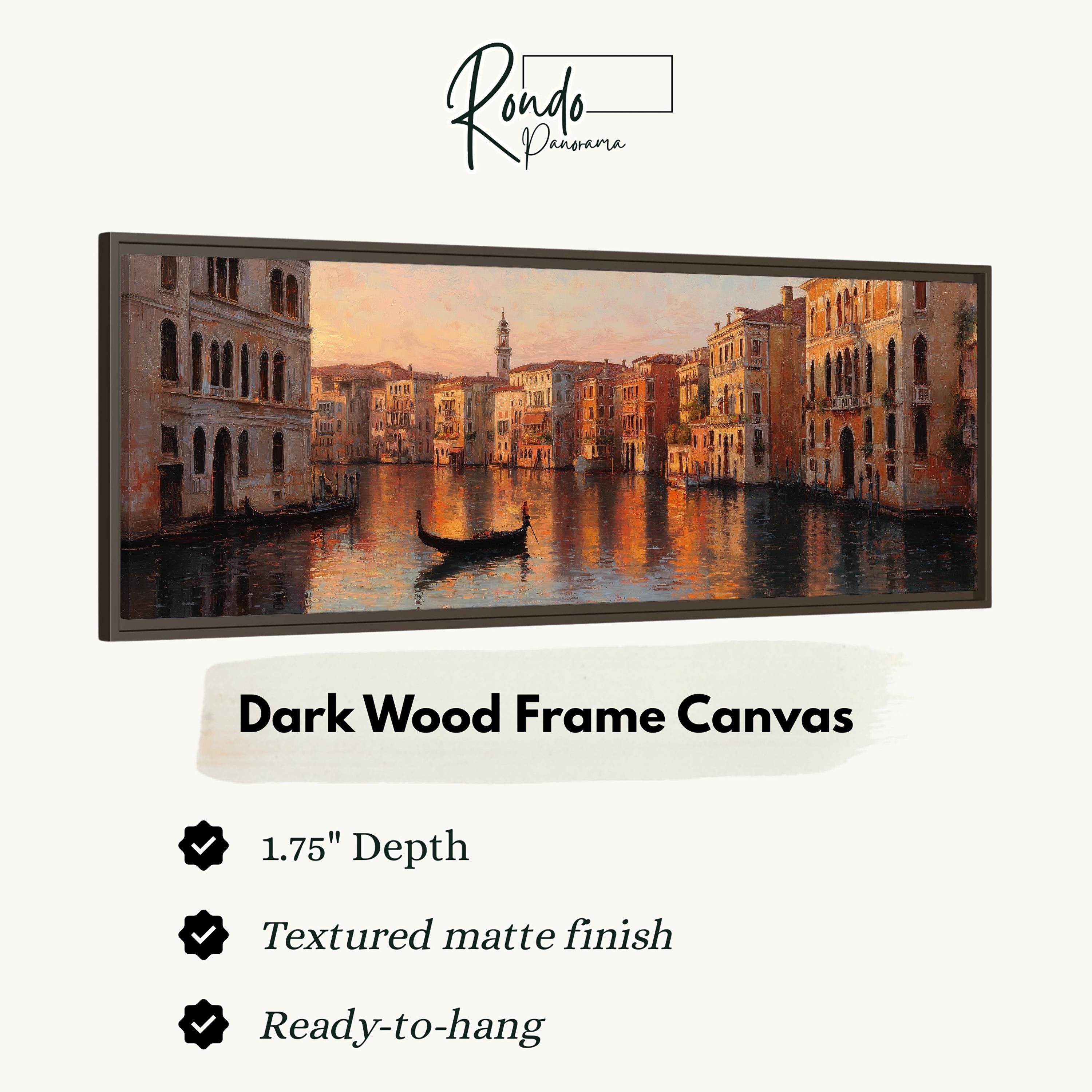 The image is a framed painting depicting a cityscape with a gondola on a canal.