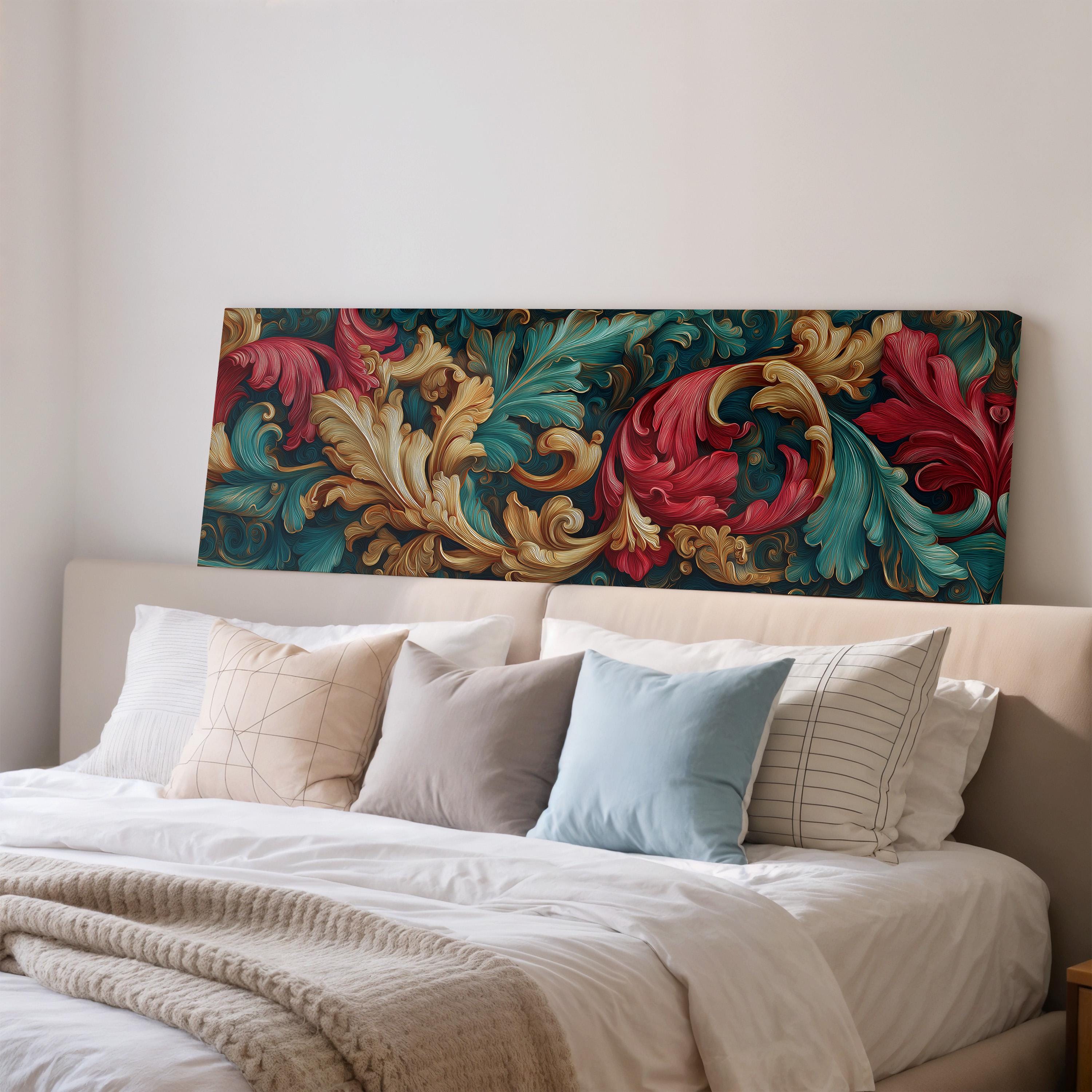 a large, ornate, and colorful painting hanging on a wall above a bed with white bedding and pillows.
