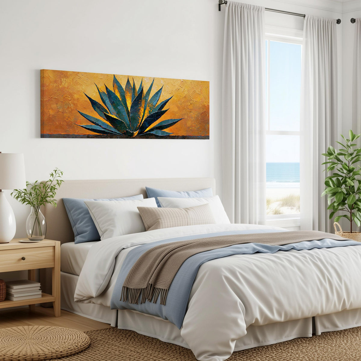 Blue agave on a textured gold background panoramic canvas print above a bed in a coastal bedroom