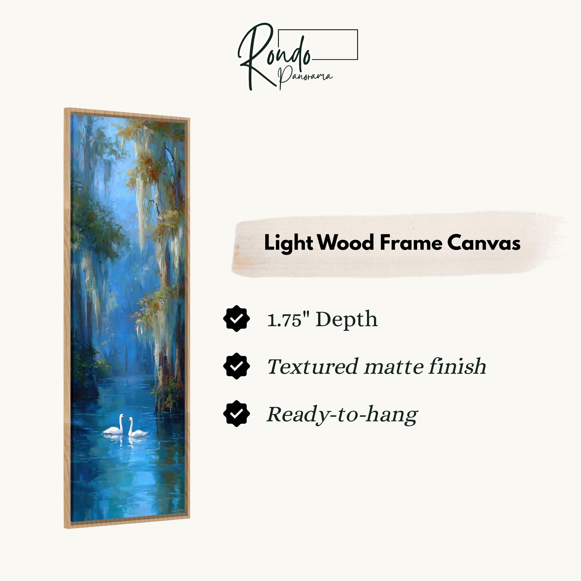 The image is a light wood frame canvas depicting a serene scene of swans swimming in a pond.