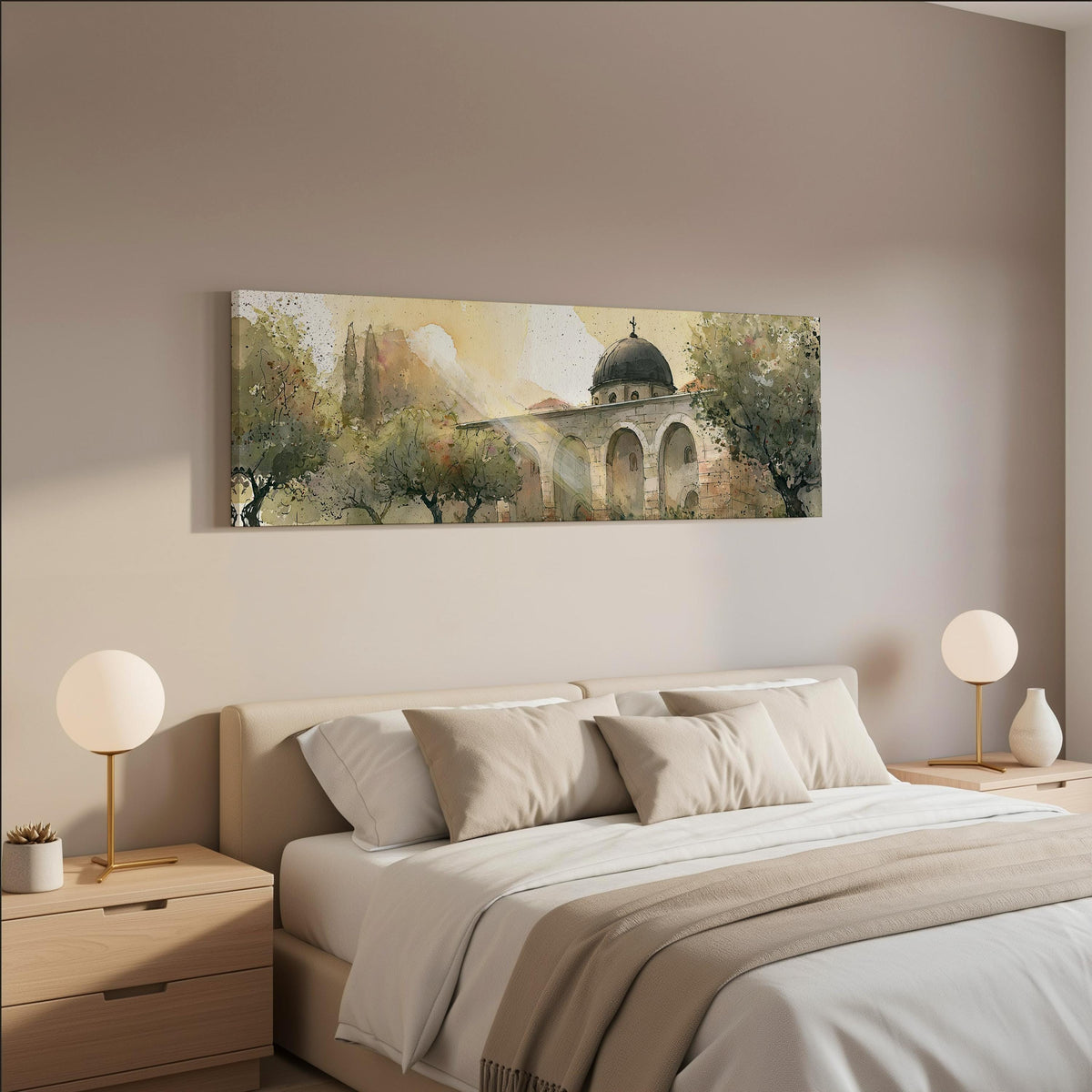 Domed mosque courtyard in watercolor wide panoramic canvas print above a bed in a neutral bedroom