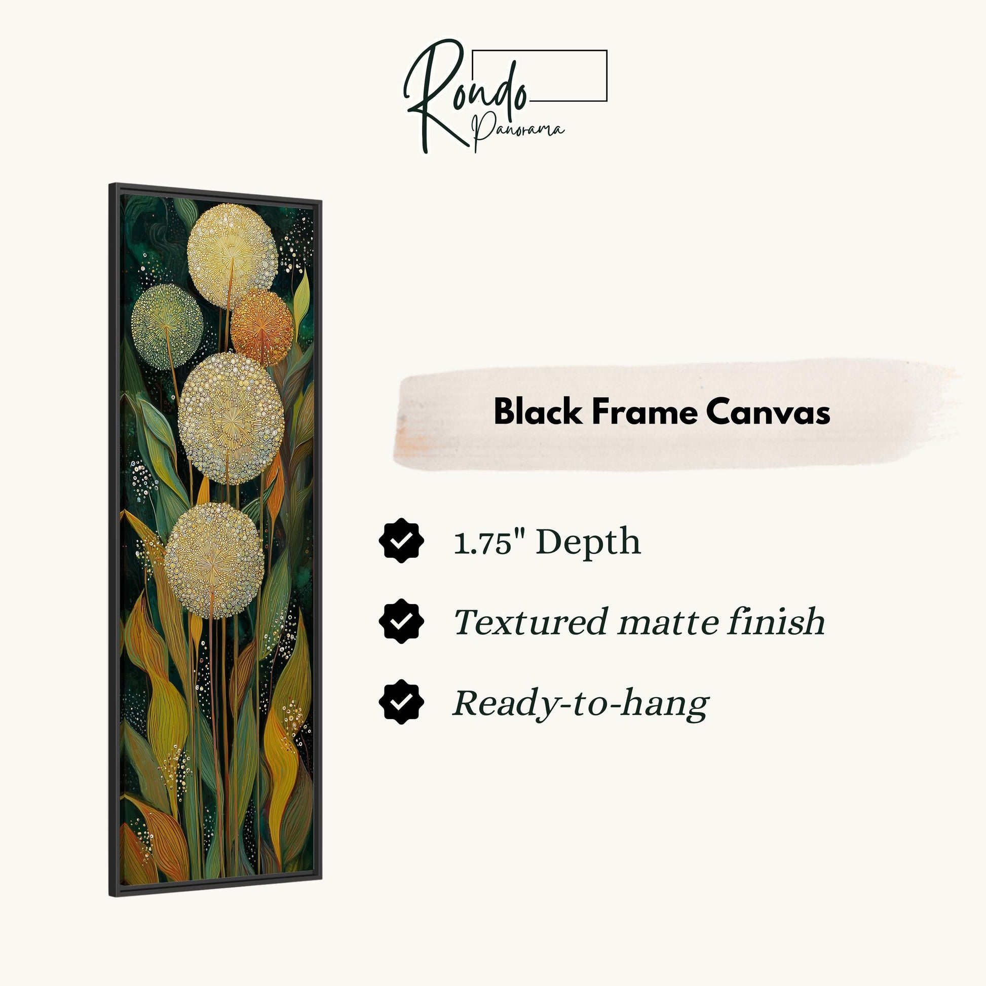The image is a black frame canvas with a painting of yellow flowers and green leaves. The painting is described as having a 1.75" depth, a textured matte finish, and is ready to hang.