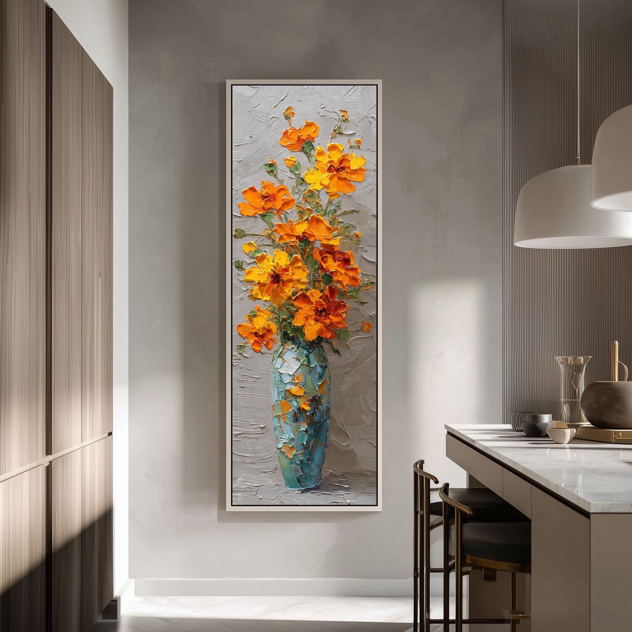 a large painting of a vase filled with orange flowers hanging on a wall in a modern kitchen.