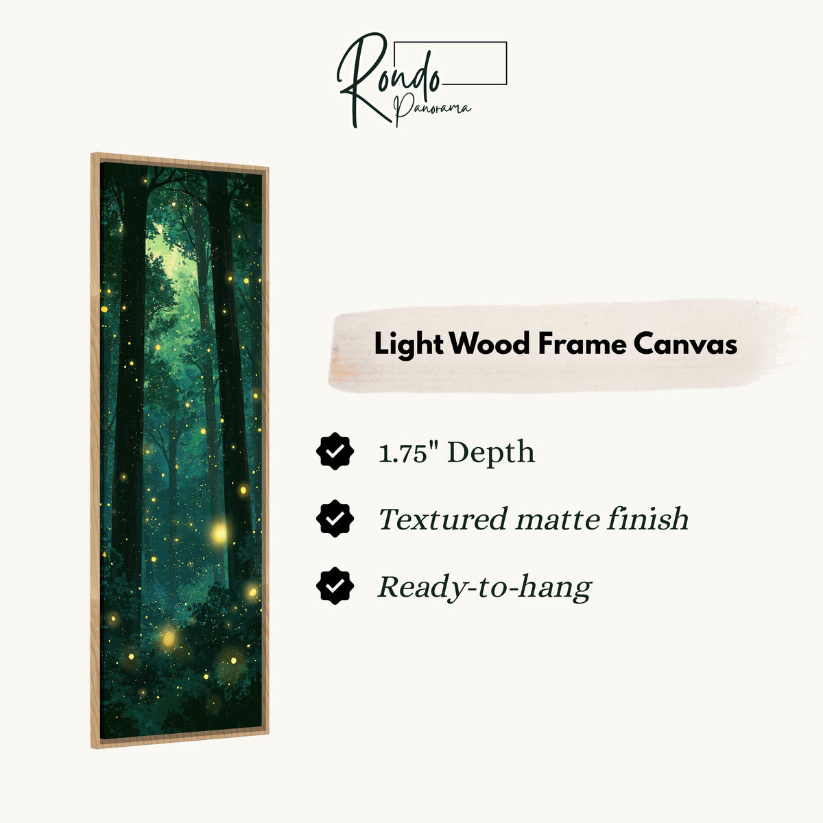 Fireflies glowing in a dark teal forest canvas print in a light wood floating frame