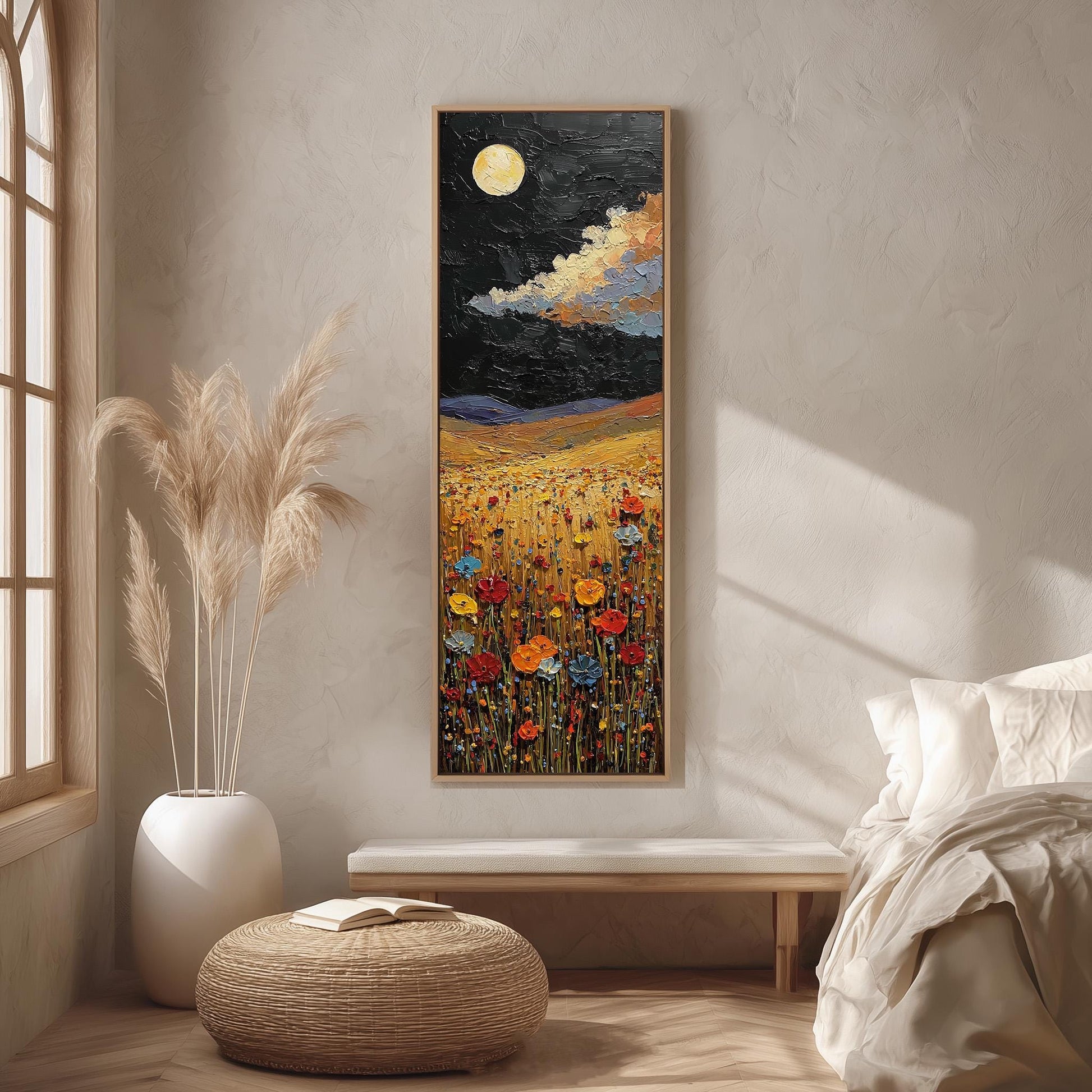 a large painting of a field of flowers hanging on a wall, with a full moon in the night sky above.