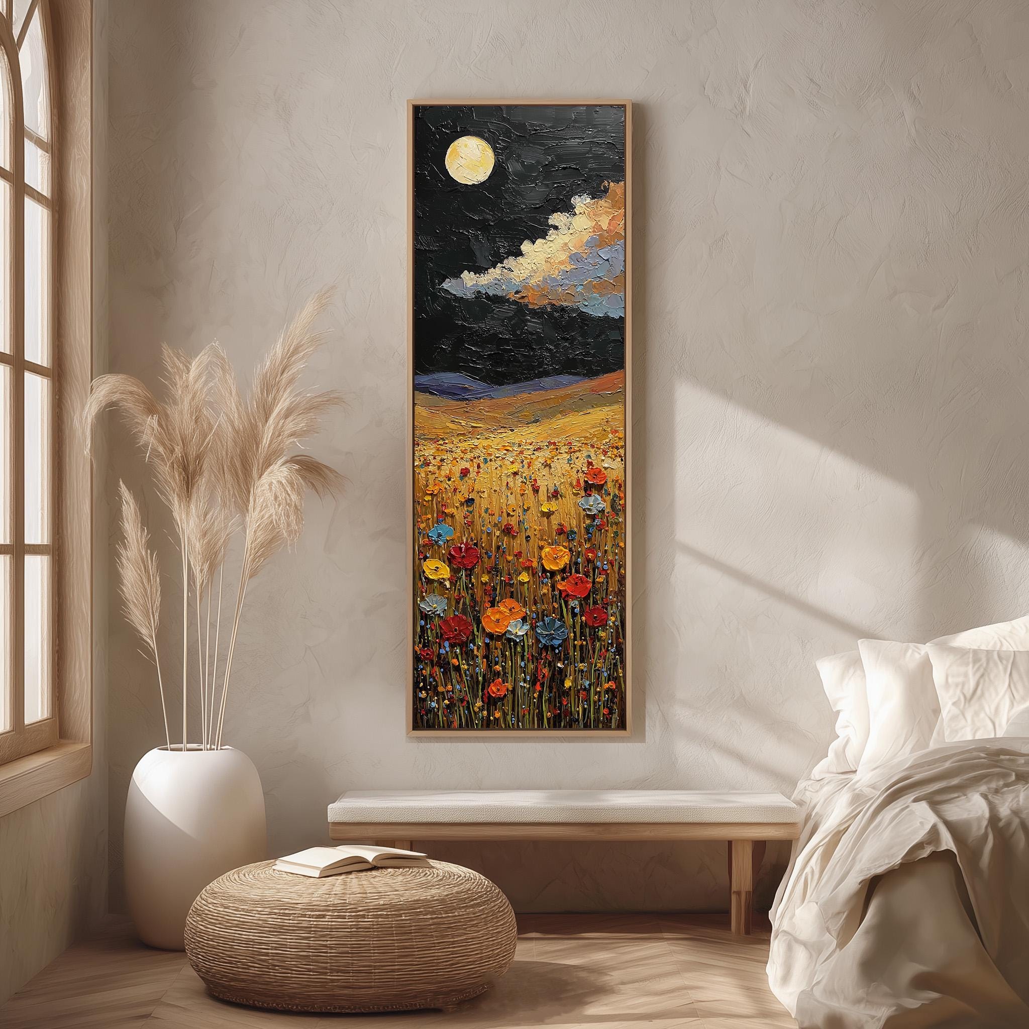 a large painting of a field of flowers hanging on a wall, with a full moon in the night sky above.