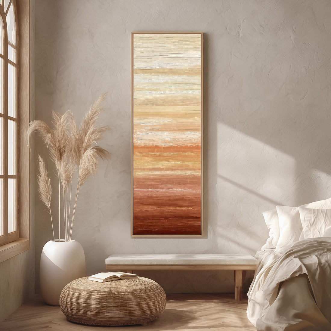 a large, rectangular painting hanging on a wall in a room with a wooden floor and a window.
