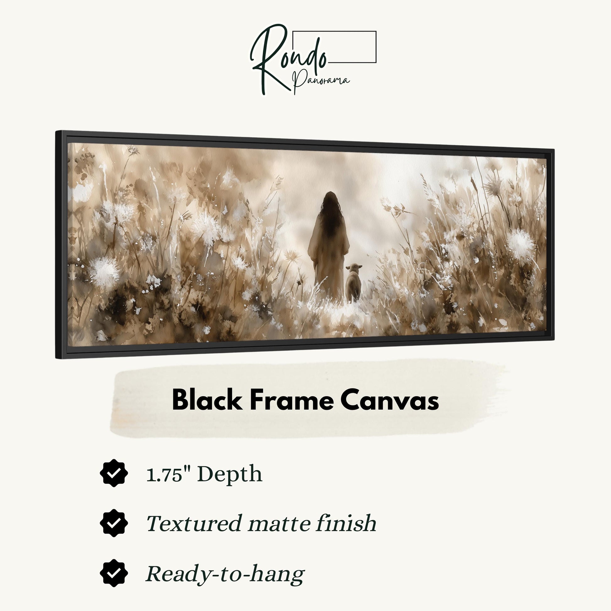 The image is a black frame canvas depicting a woman standing in a field of flowers, with a dog nearby.