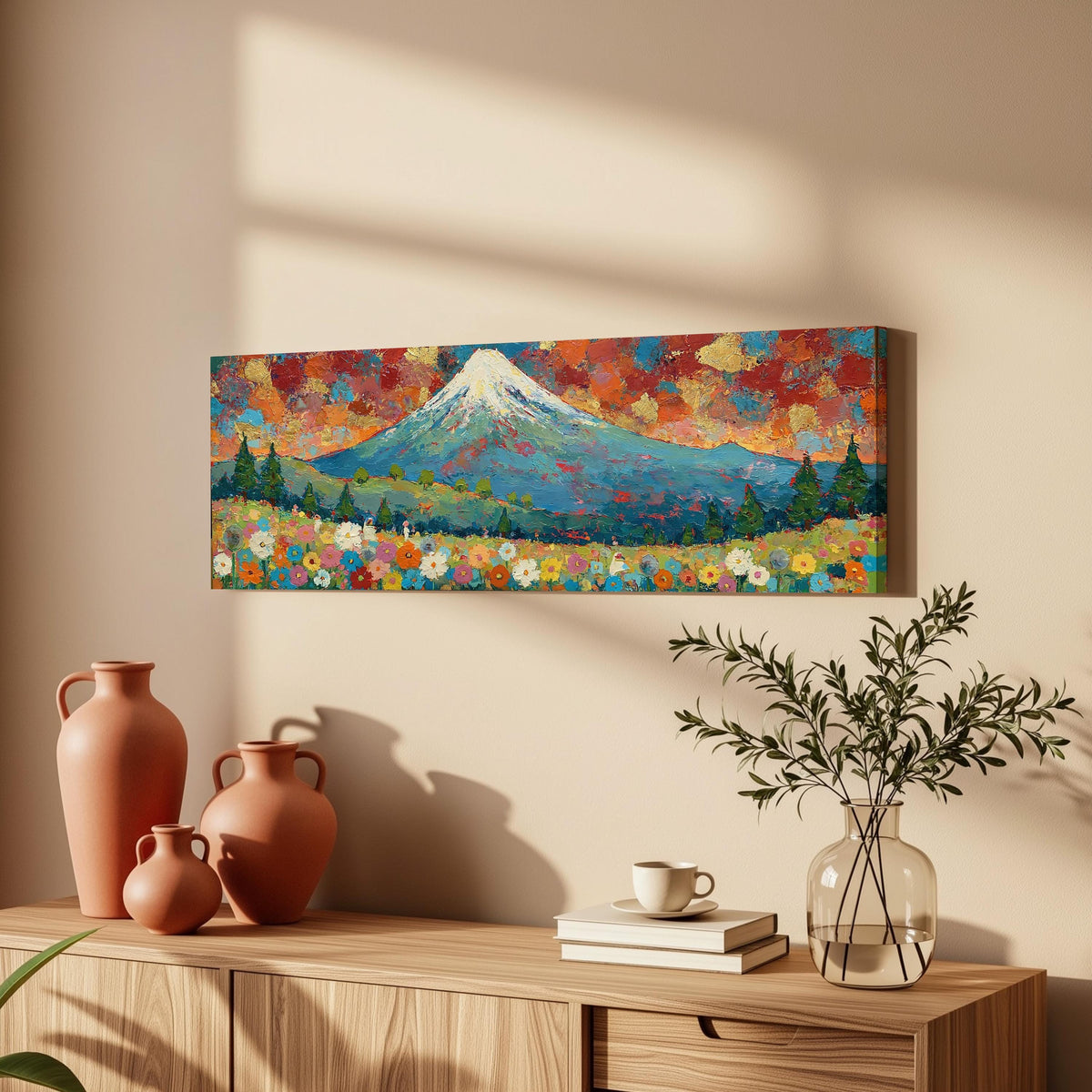 Mount Fuji above autumn trees and wildflowers long horizontal canvas print above a wooden sideboard