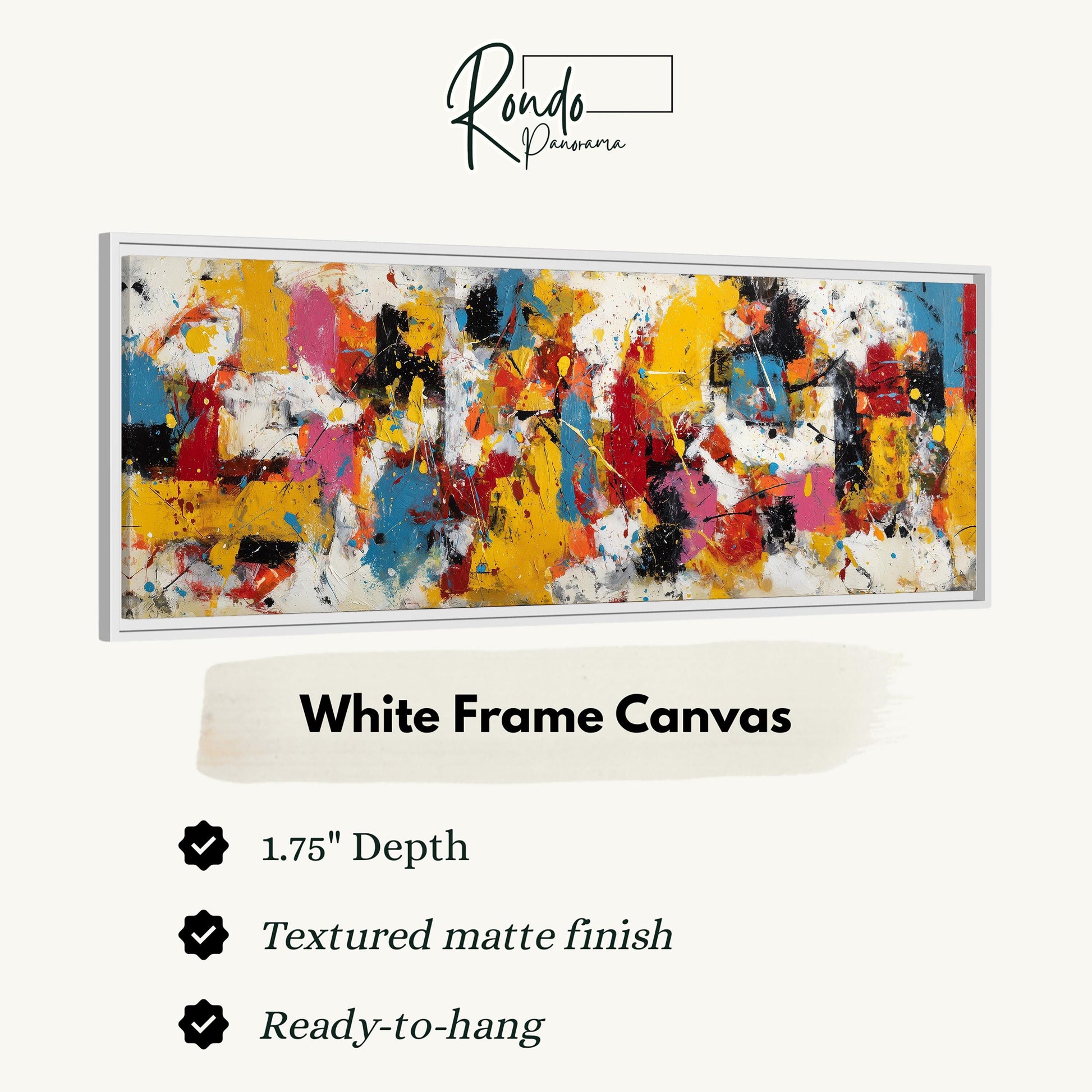 The image is a framed artwork with a white frame, featuring a vibrant abstract painting with bold colors and brushstrokes.