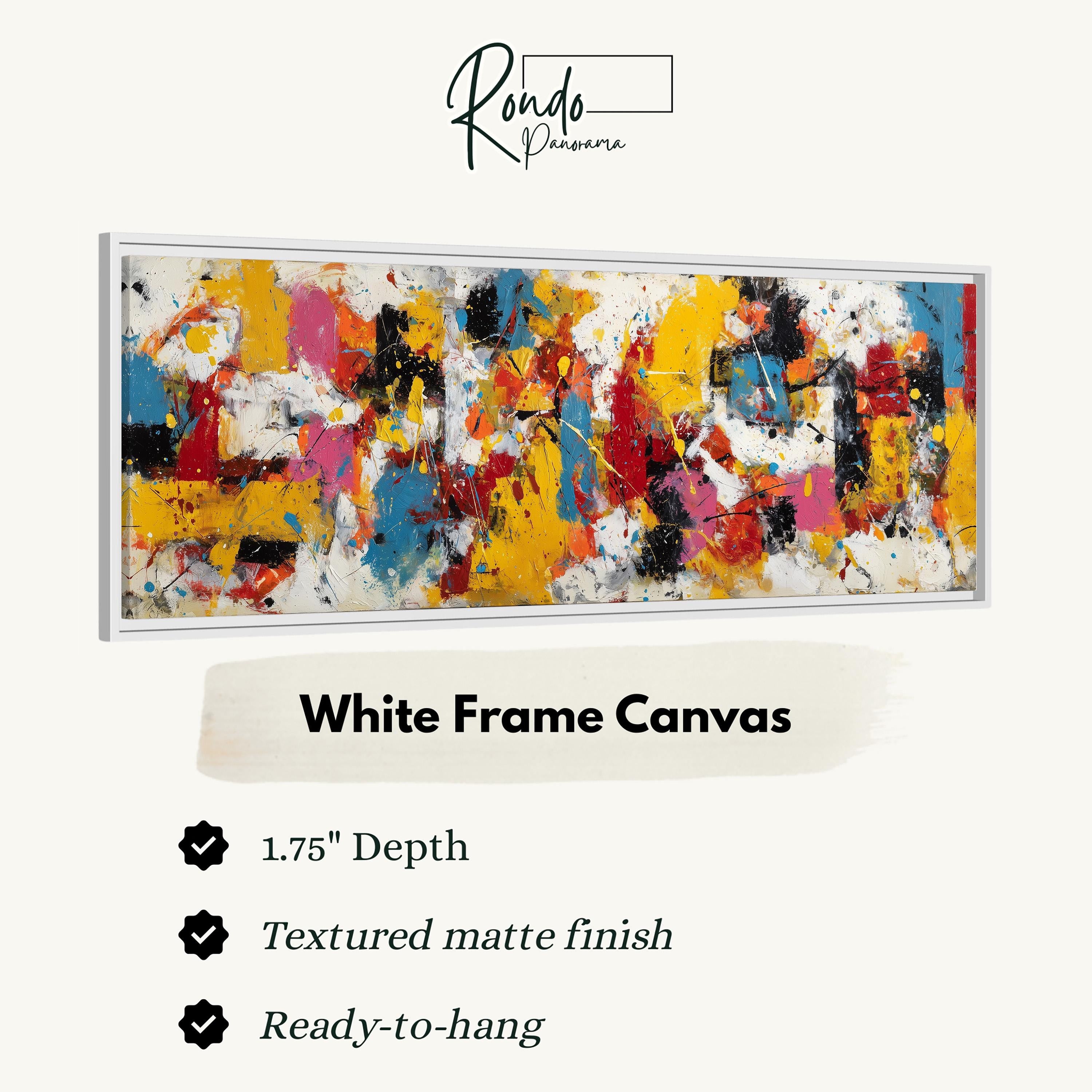 The image is a framed artwork with a white frame, featuring a vibrant abstract painting with bold colors and brushstrokes.
