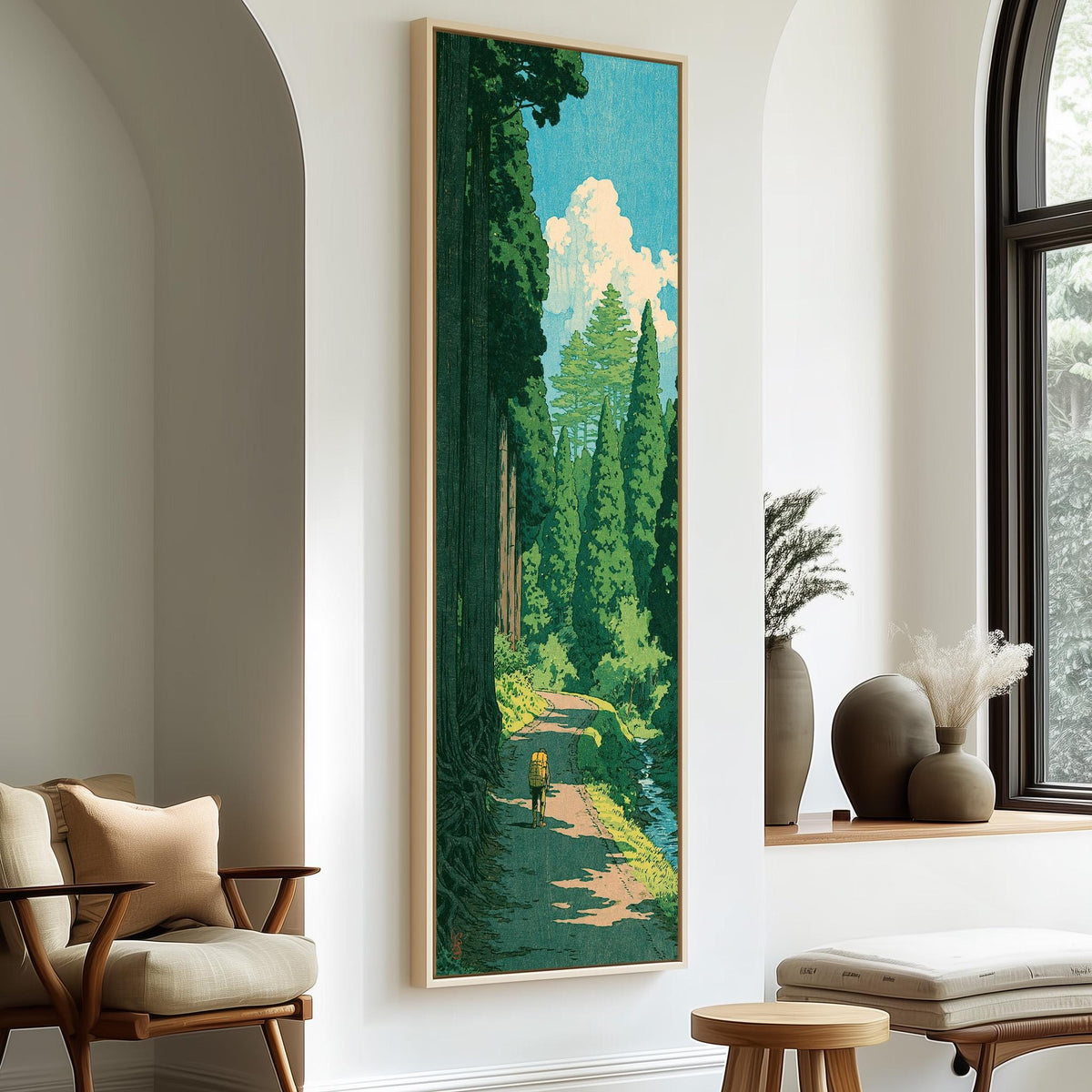 Hiker on a forest trail in a woodblock style tall skinny canvas print in a sunlit living space