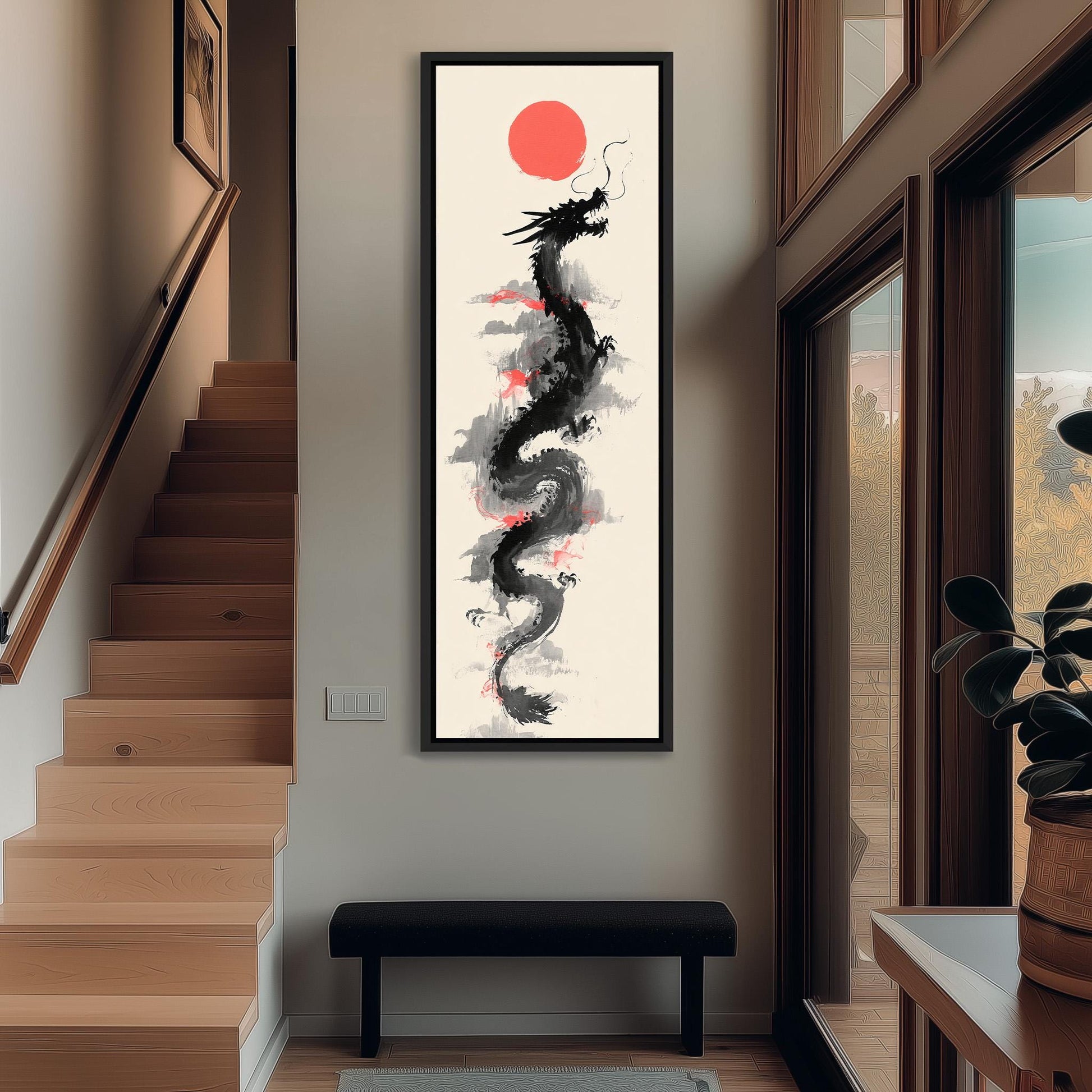 a large, colorful dragon painting hanging on the wall of a hallway.