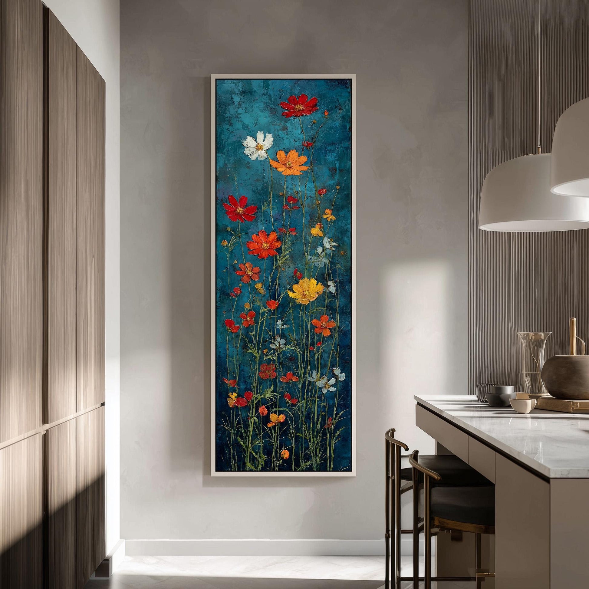 a large, colorful painting of flowers hanging on a wall in a modern kitchen.