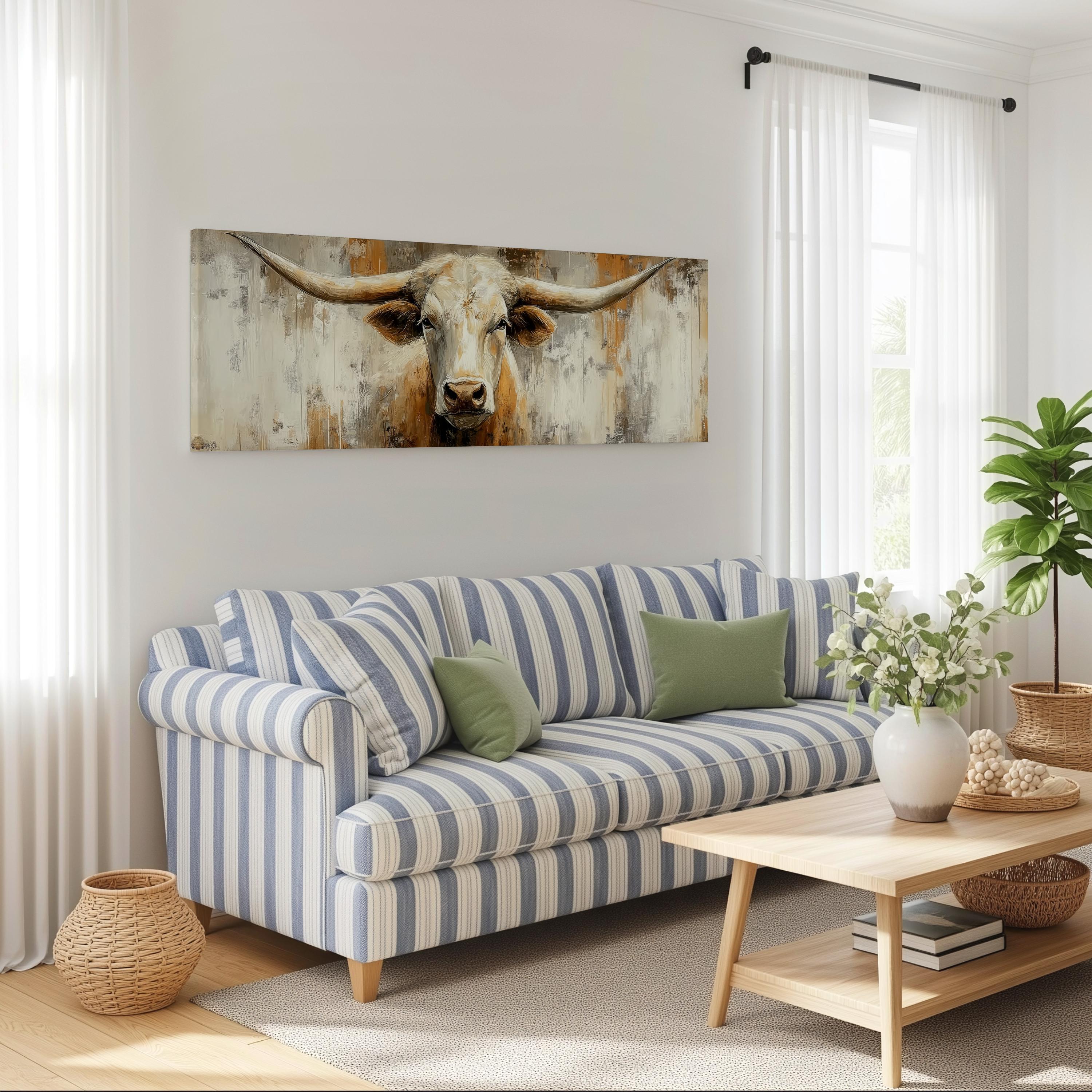 a living room with a blue and white striped sofa, a wooden coffee table, and a large painting of a bull's head hanging on the wall above the sofa.