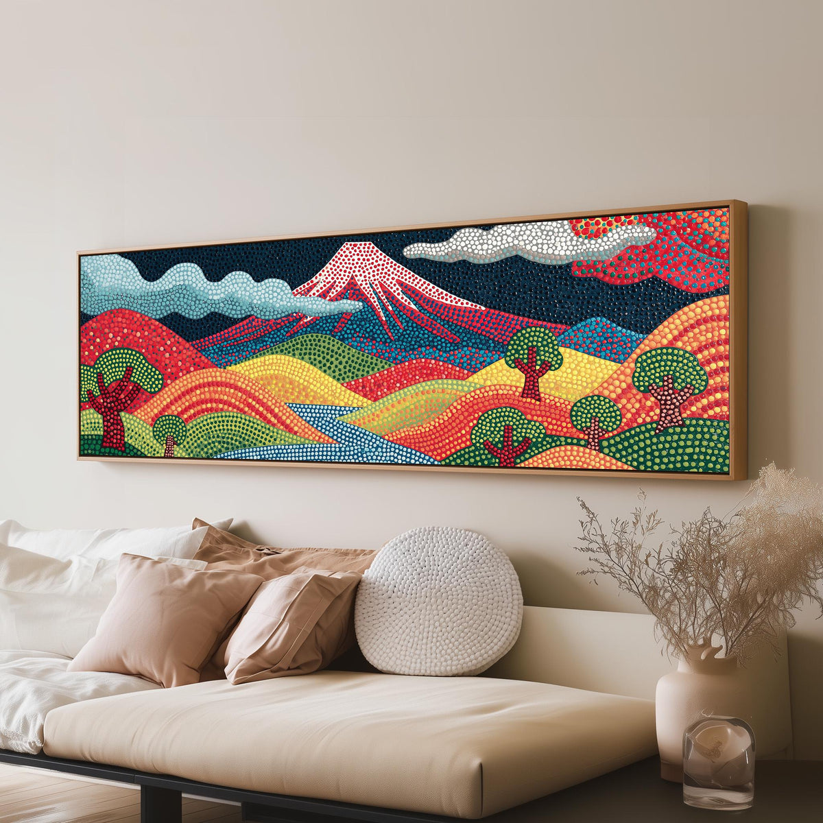 Mount Fuji above rainbow dotted hills panoramic canvas print above a sofa in a living room