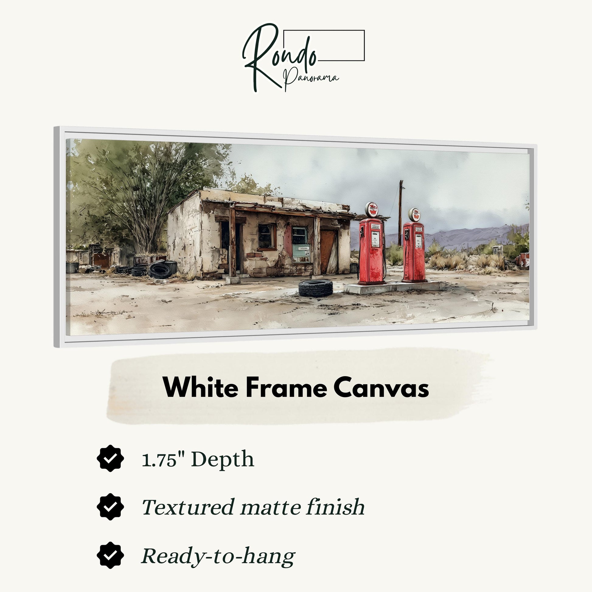 The image is a white frame canvas depicting a dilapidated gas station with two red pumps.