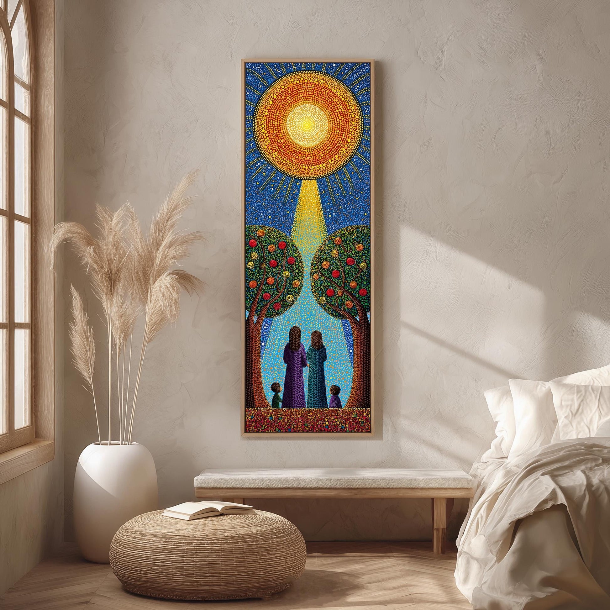 a large, colorful painting of a woman and a child standing in front of a tree, with a sun and blue sky in the background. The painting is hanging on a wall in a room with a bed, a potted plant, and a woven ottoman.