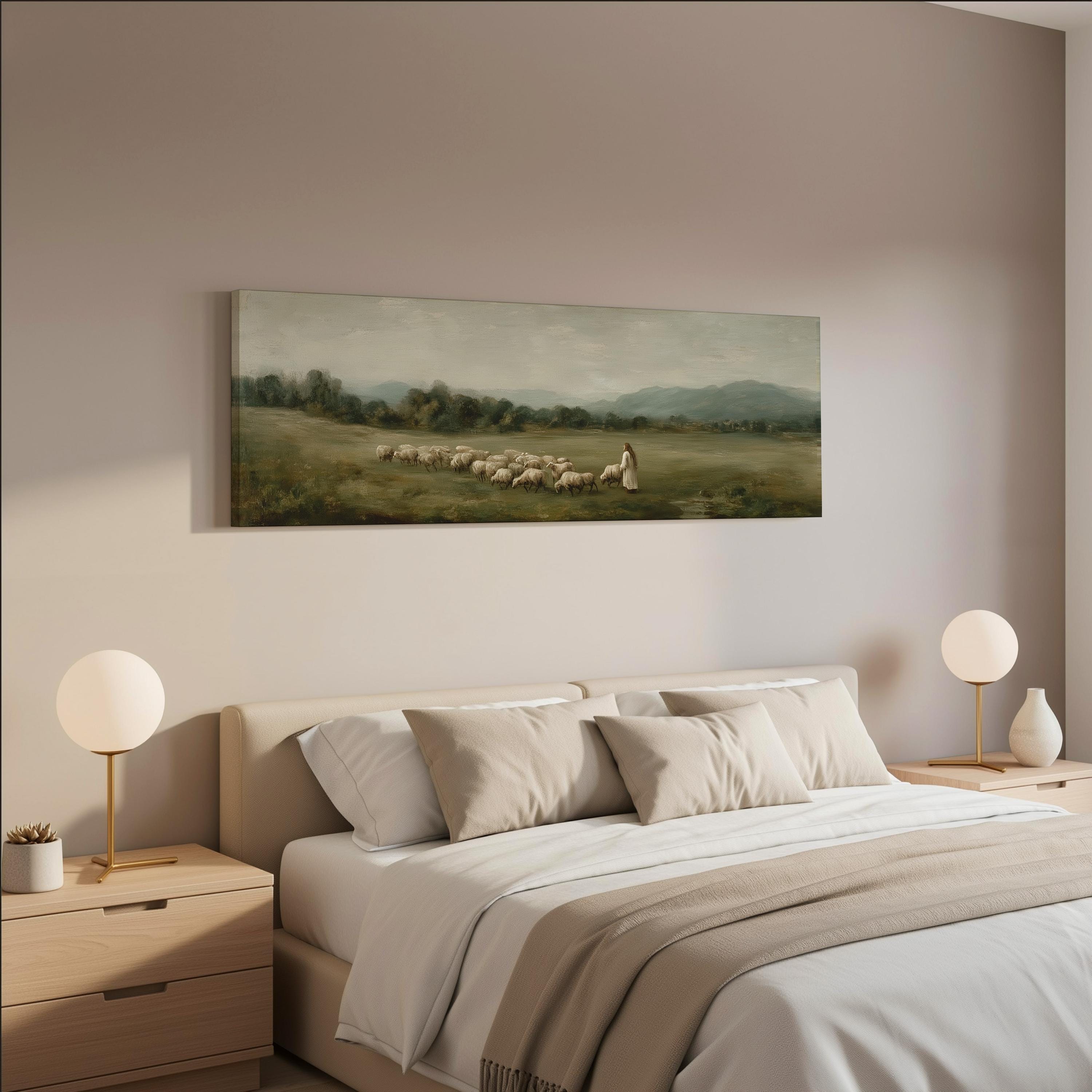 a serene bedroom scene with a large bed, two nightstands with lamps, and a painting of a pastoral landscape hanging above the bed.