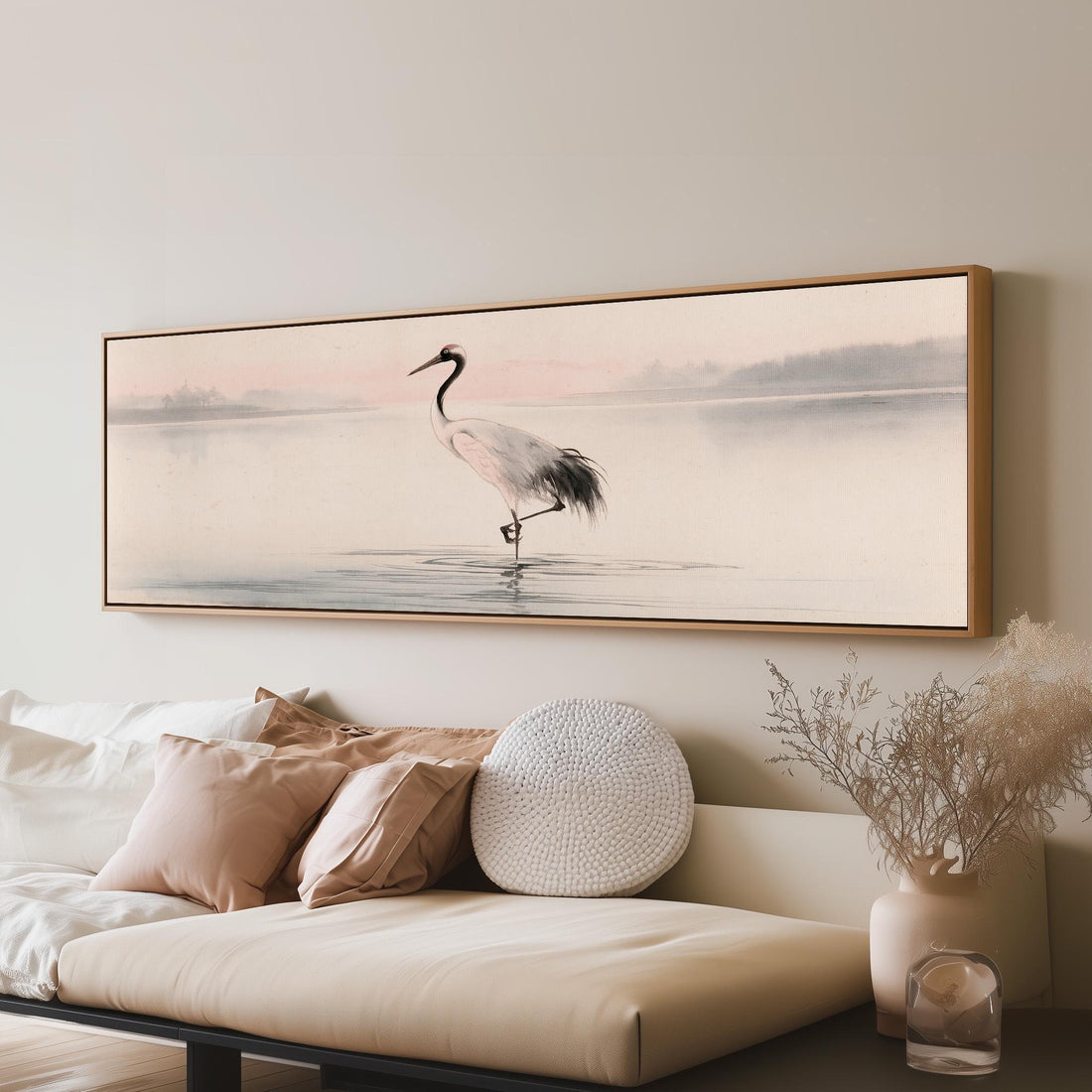 Red-crowned crane wading in misty water long horizontal canvas print above a sofa in a living room