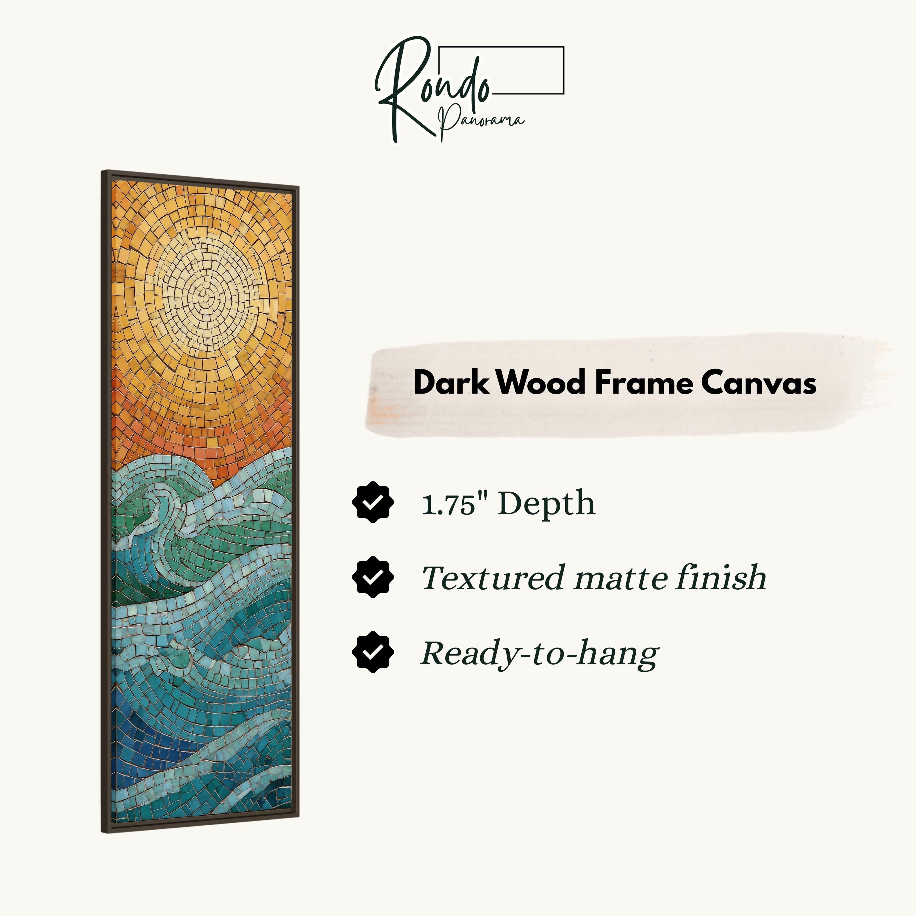The image is a rectangular dark wood frame canvas with a mosaic design depicting a sunset over a body of water.