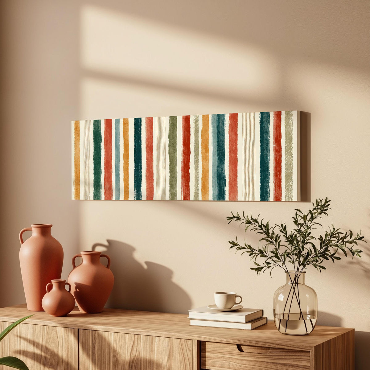 Boho watercolor stripes in mustard, teal and rust long horizontal canvas print above a wooden sideboard