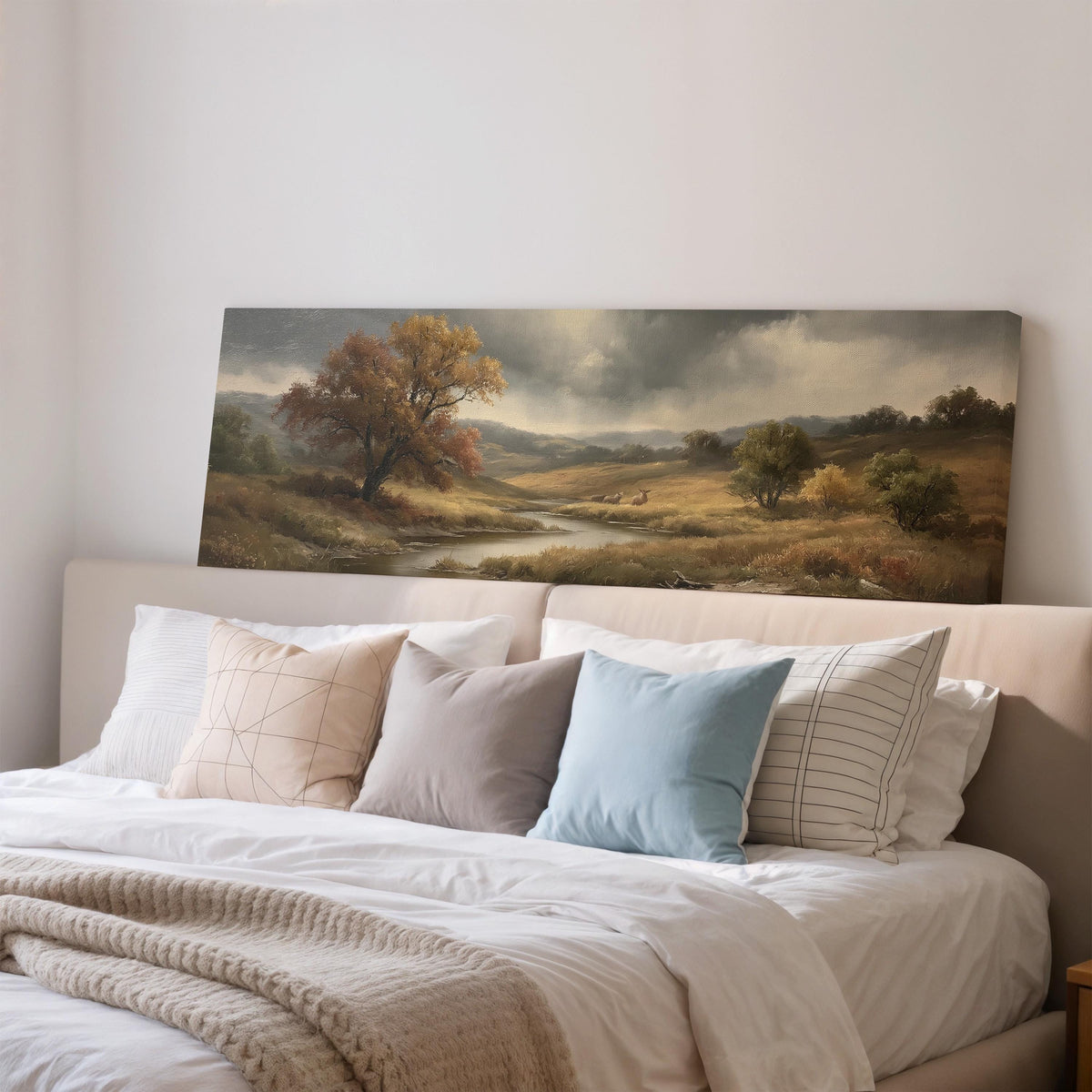 Autumn river valley under a stormy sky wide panoramic canvas print above a bed in a bedroom