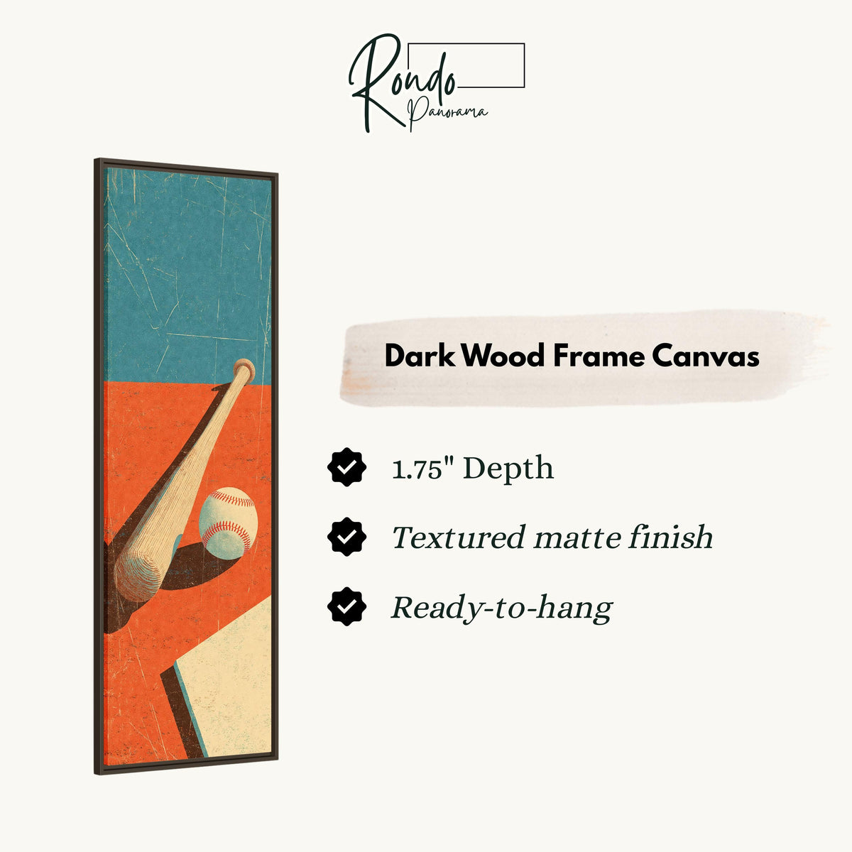 Retro baseball bat and ball canvas print in a dark wood floating frame