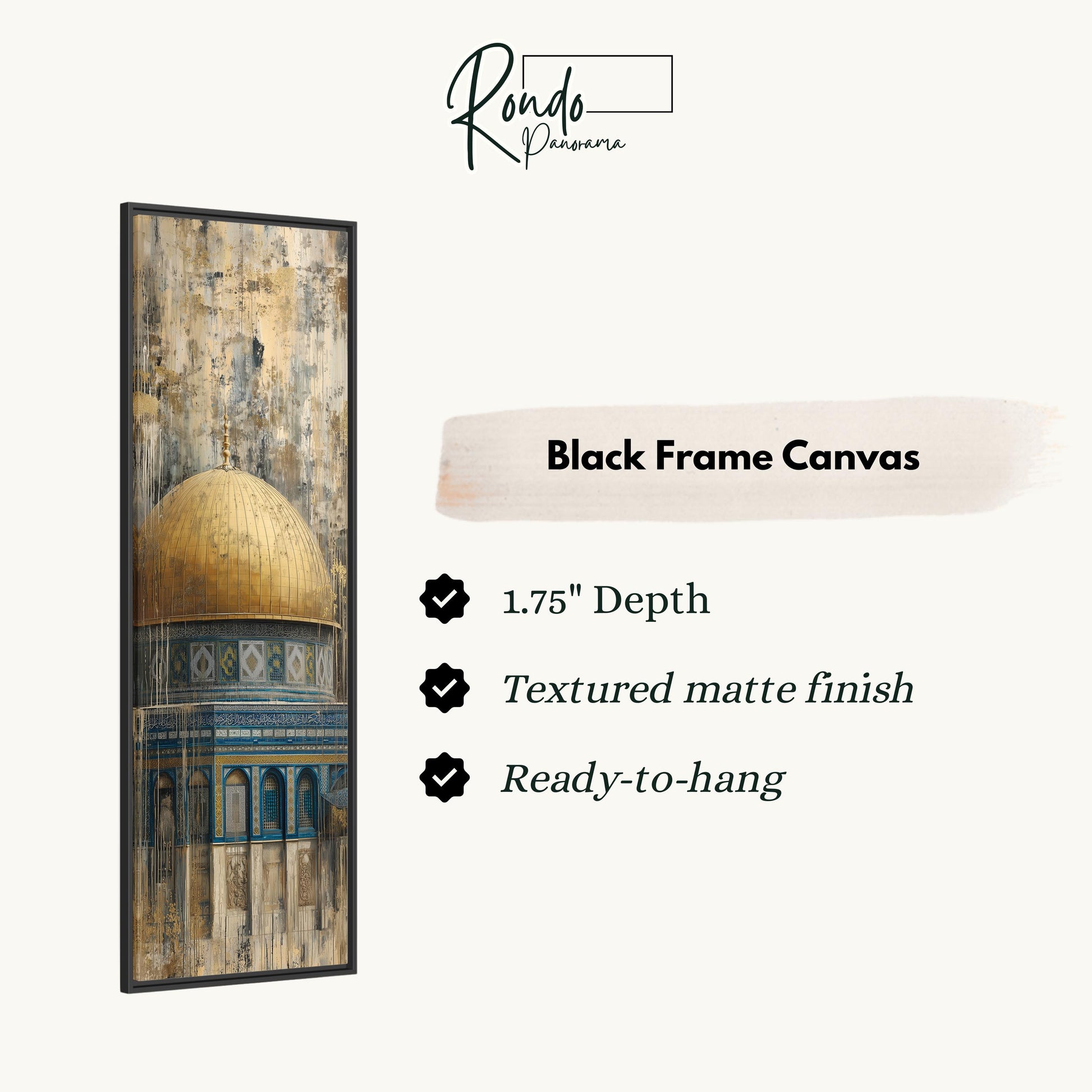 The image is a black frame canvas depicting a building with a dome, possibly a mosque, and it is described as a 1.75" depth textured matte finish ready-to-hang.