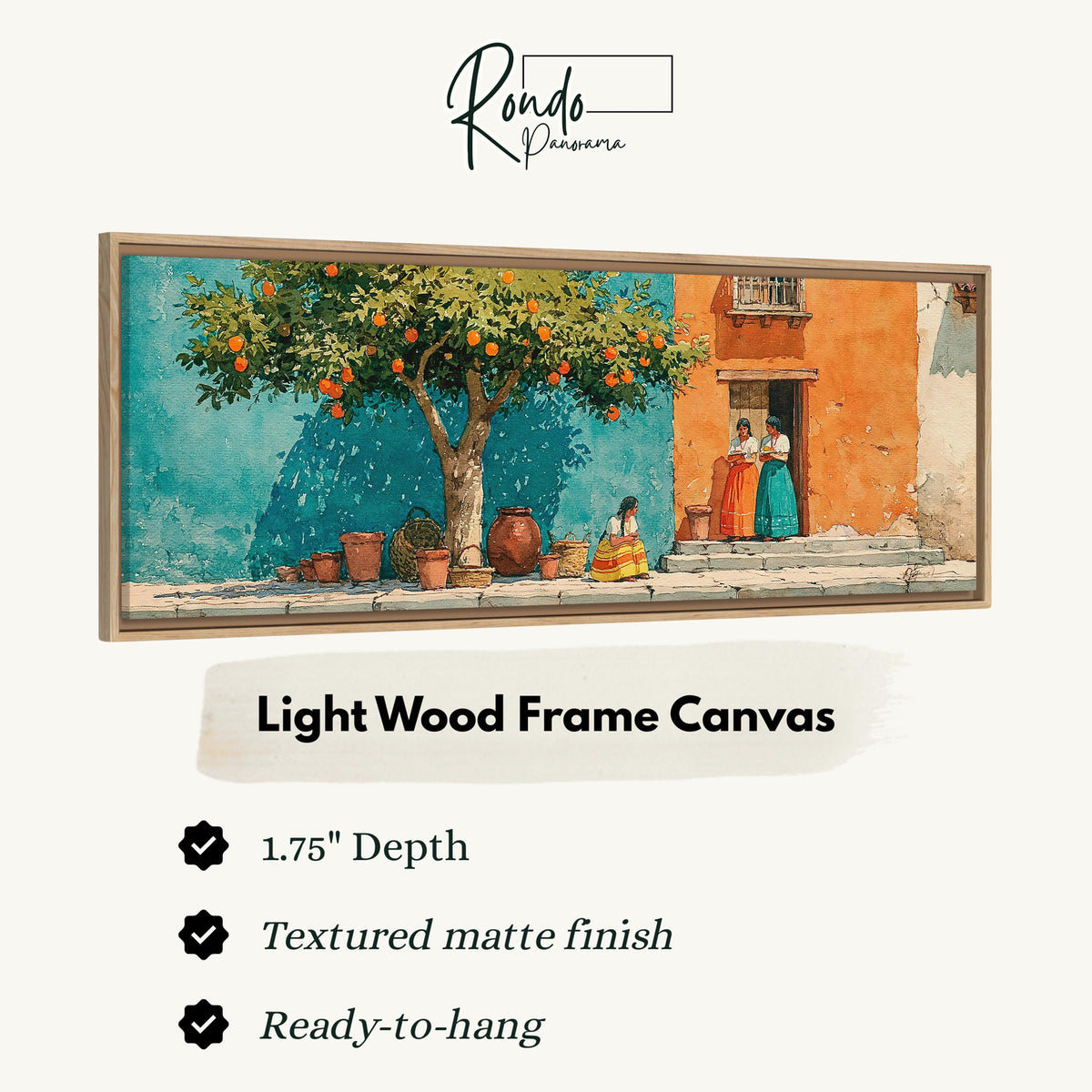 Orange tree on a colorful village street canvas print in a light wood floating frame