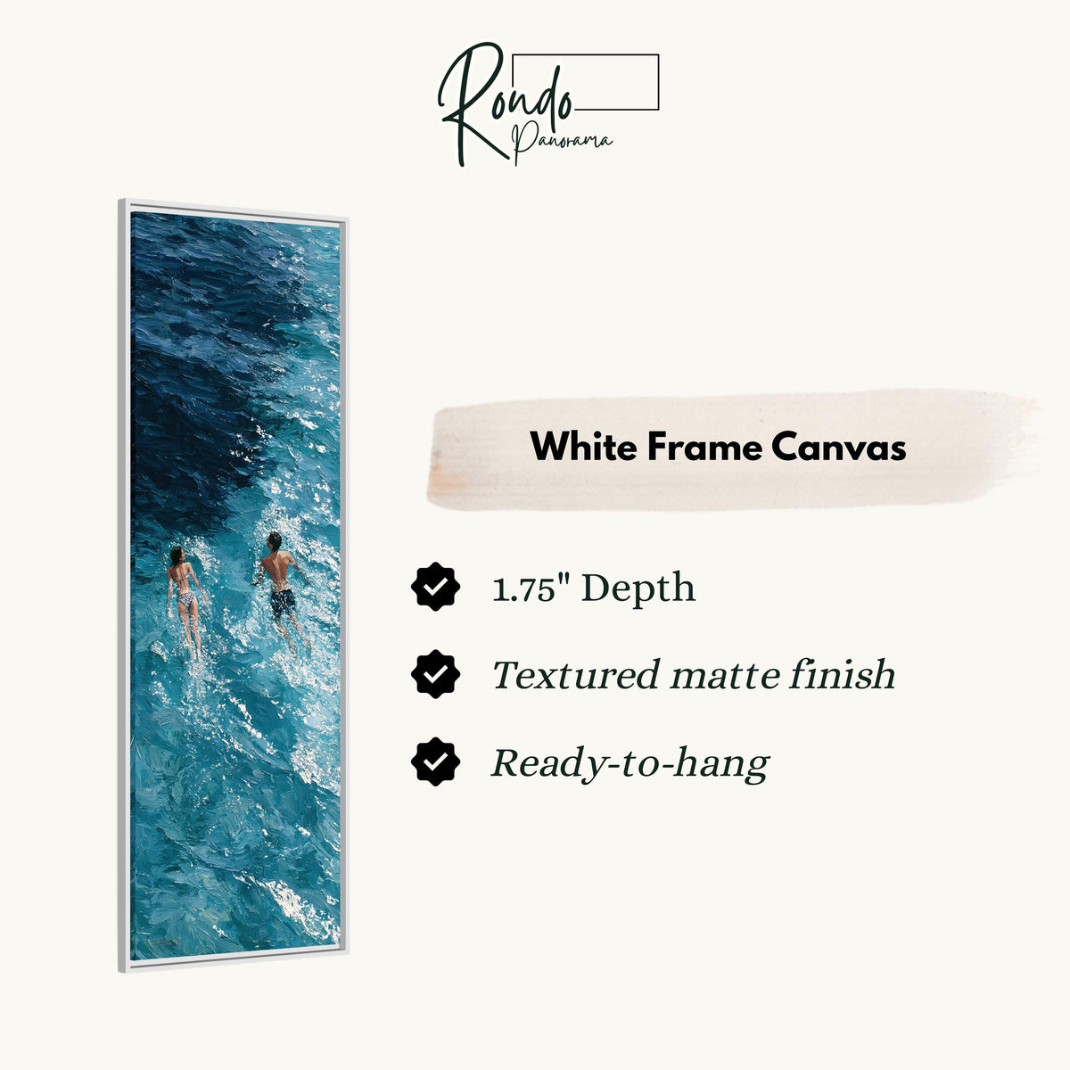 Two swimmers in deep blue waves canvas print in a white floating frame