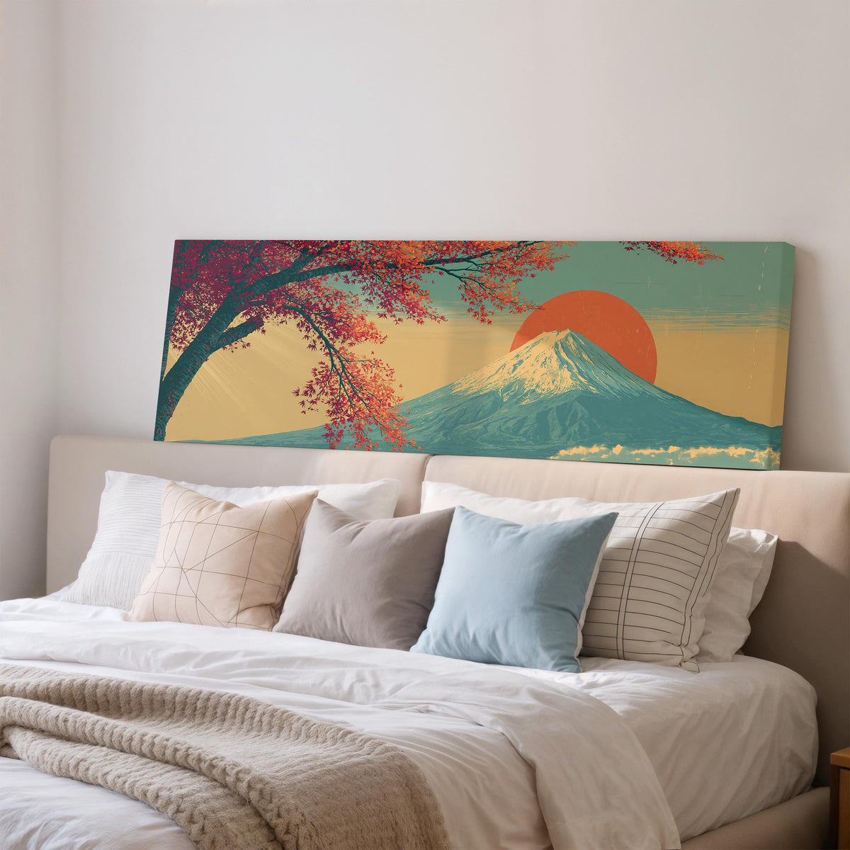 Autumn maple branch and Mount Fuji at sunset wide panoramic canvas print above a bed in a bedroom