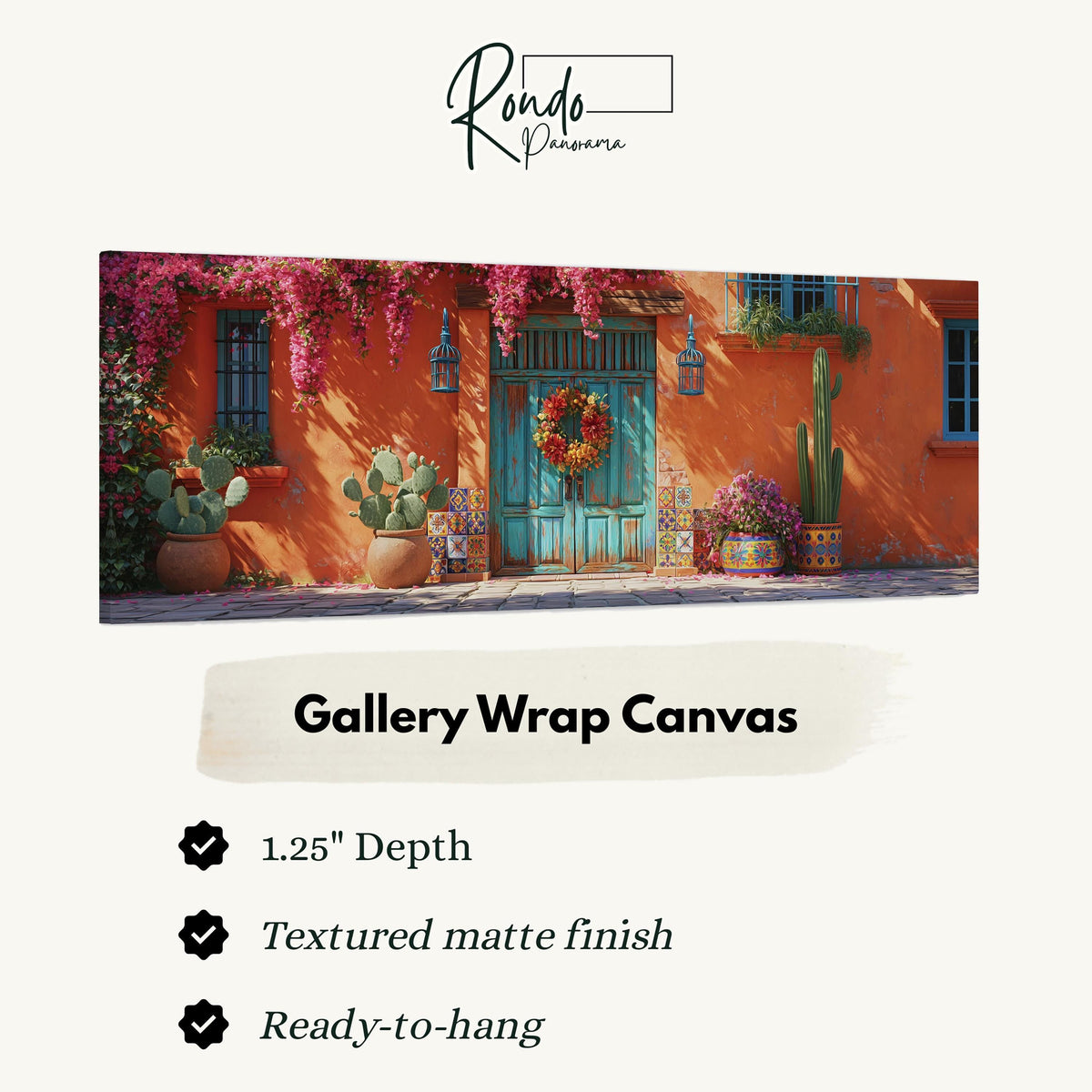 Adobe doorway with a wreath and cacti gallery wrap canvas with the image wrapped around the edges