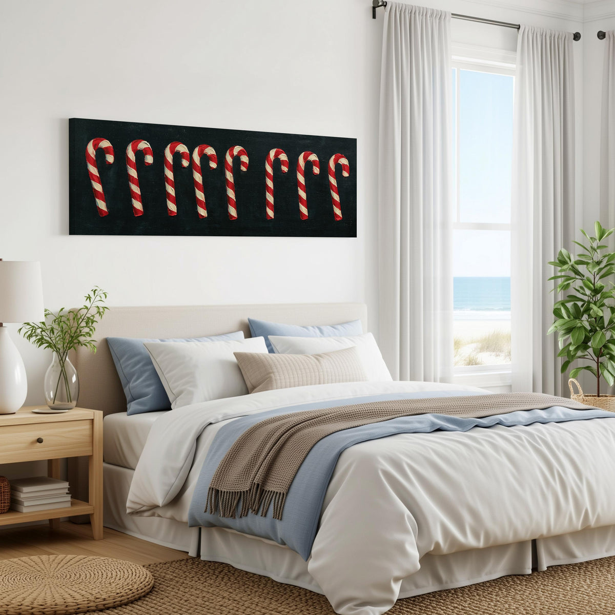 Row of candy canes on black panoramic canvas print above a bed in a coastal bedroom