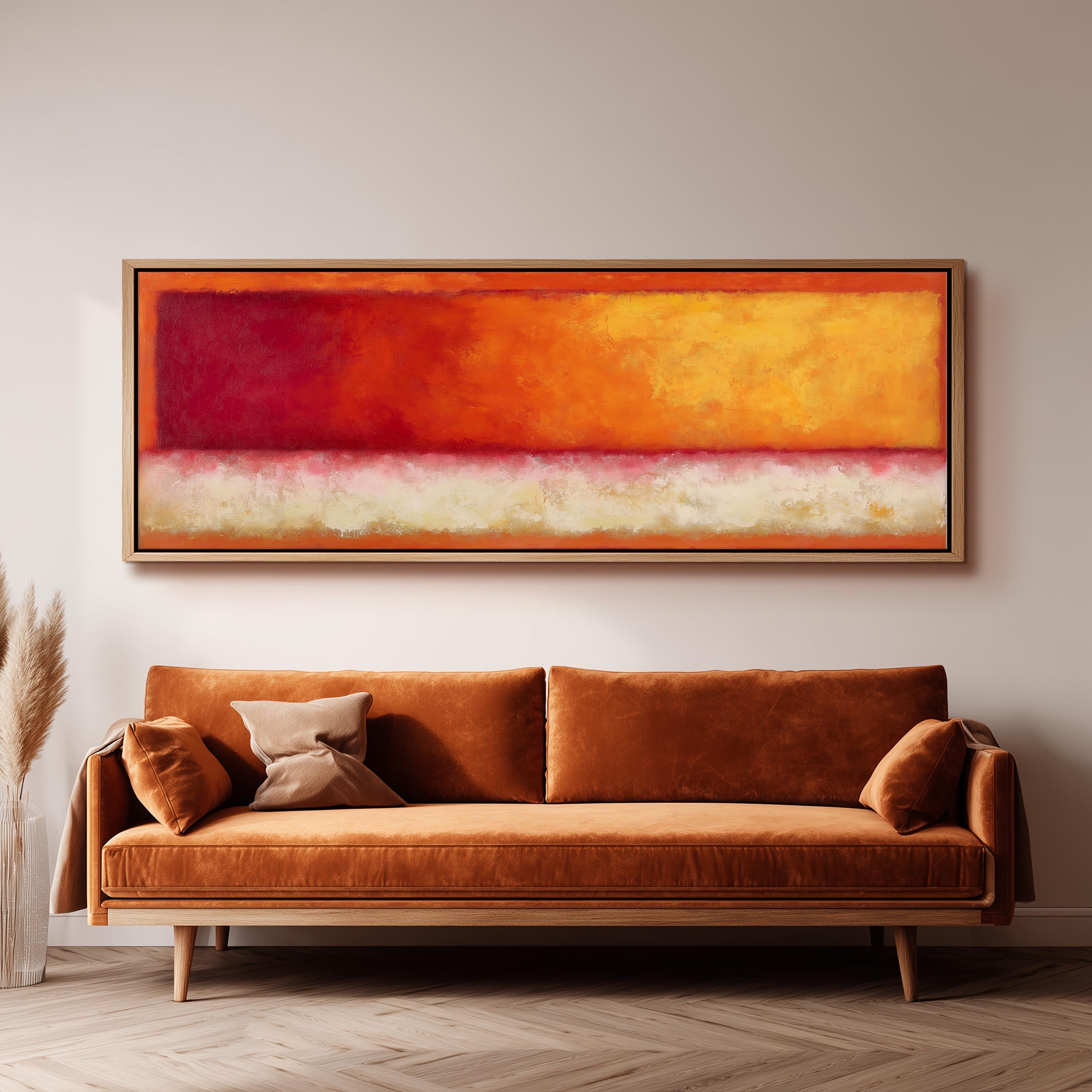 a large, rectangular painting hanging on a white wall above a brown sofa with two pillows.