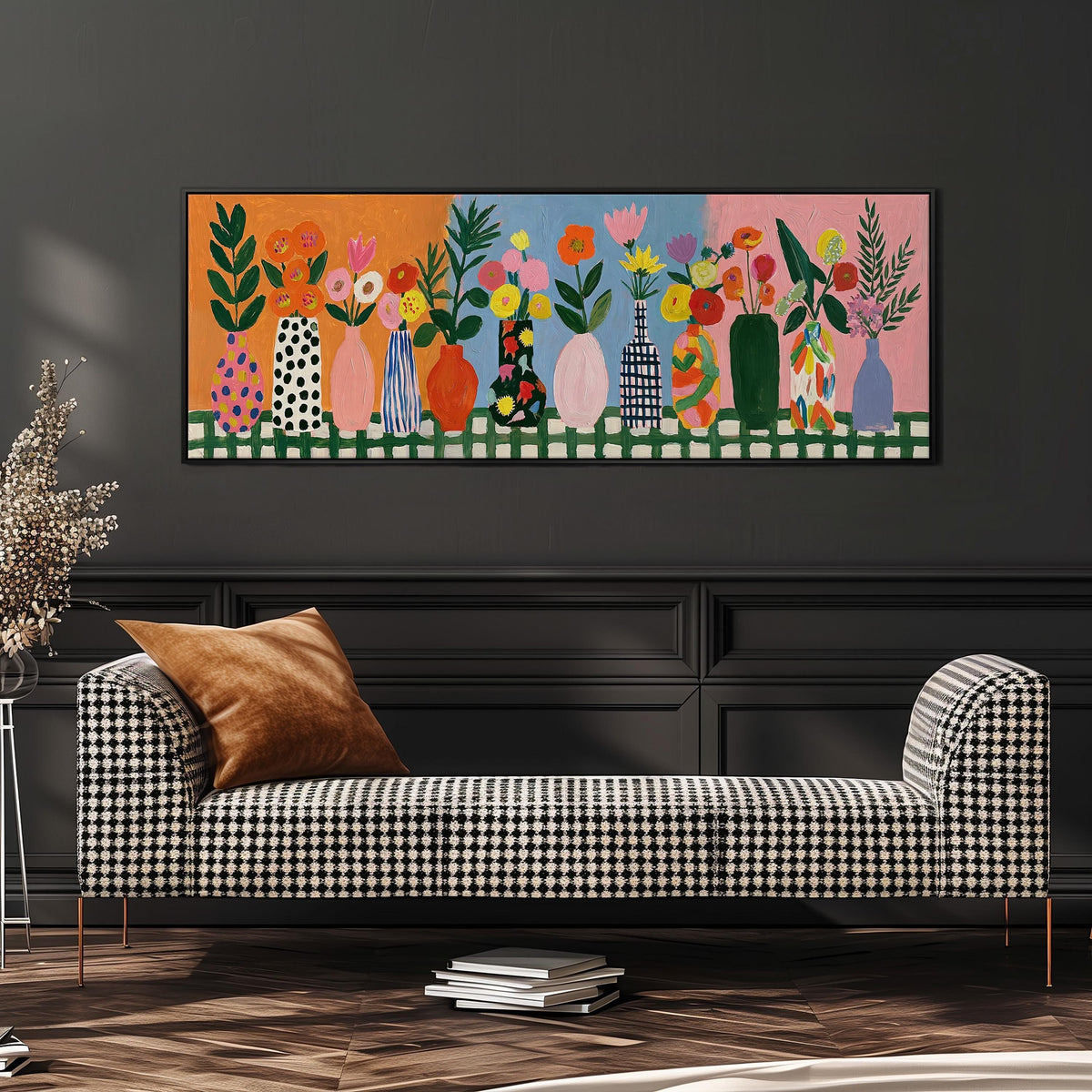 Folk art flower vases on orange and blue wide panoramic canvas print above a bench in a dark living room