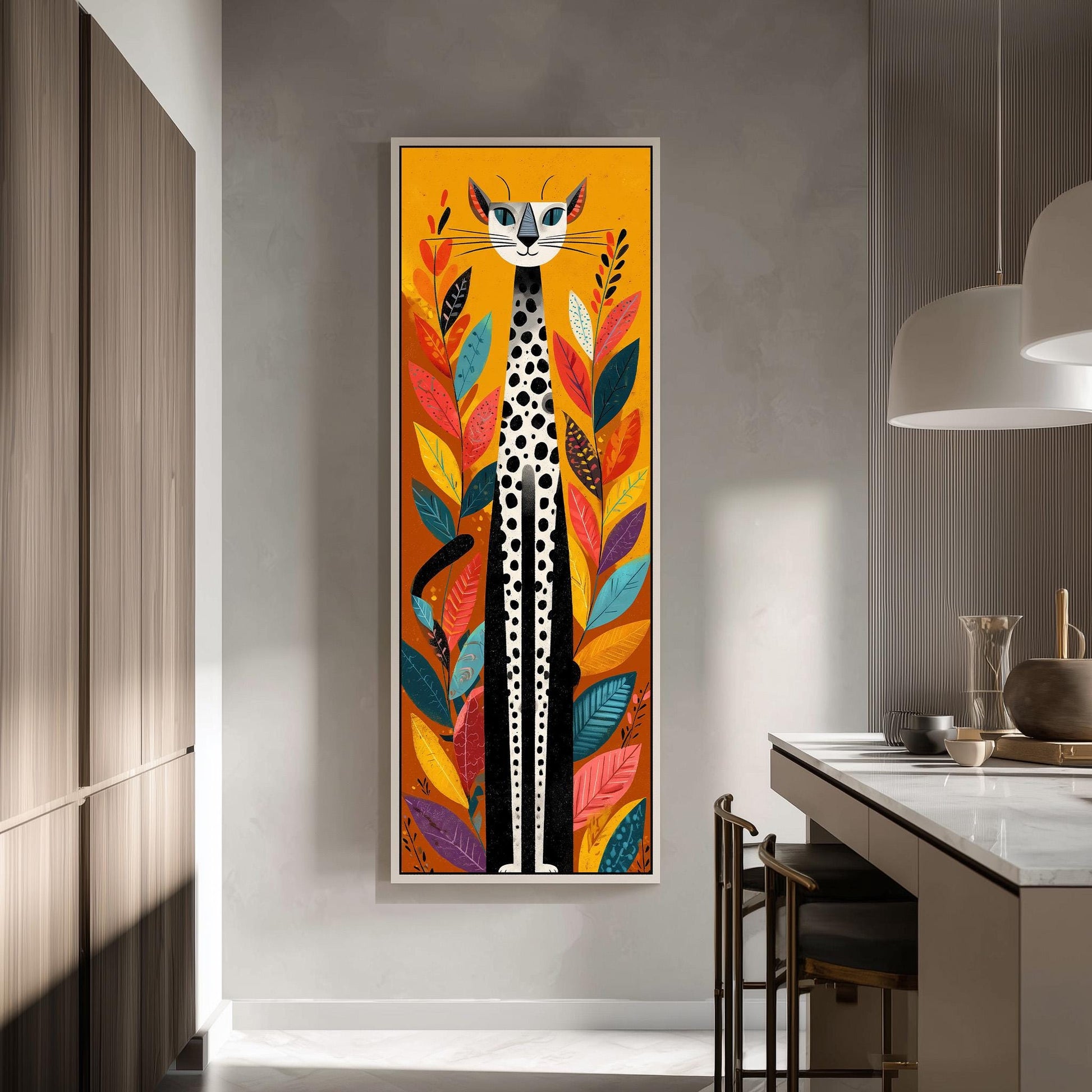 a large, colorful painting of a cat with a vibrant, abstract background of leaves and flowers.