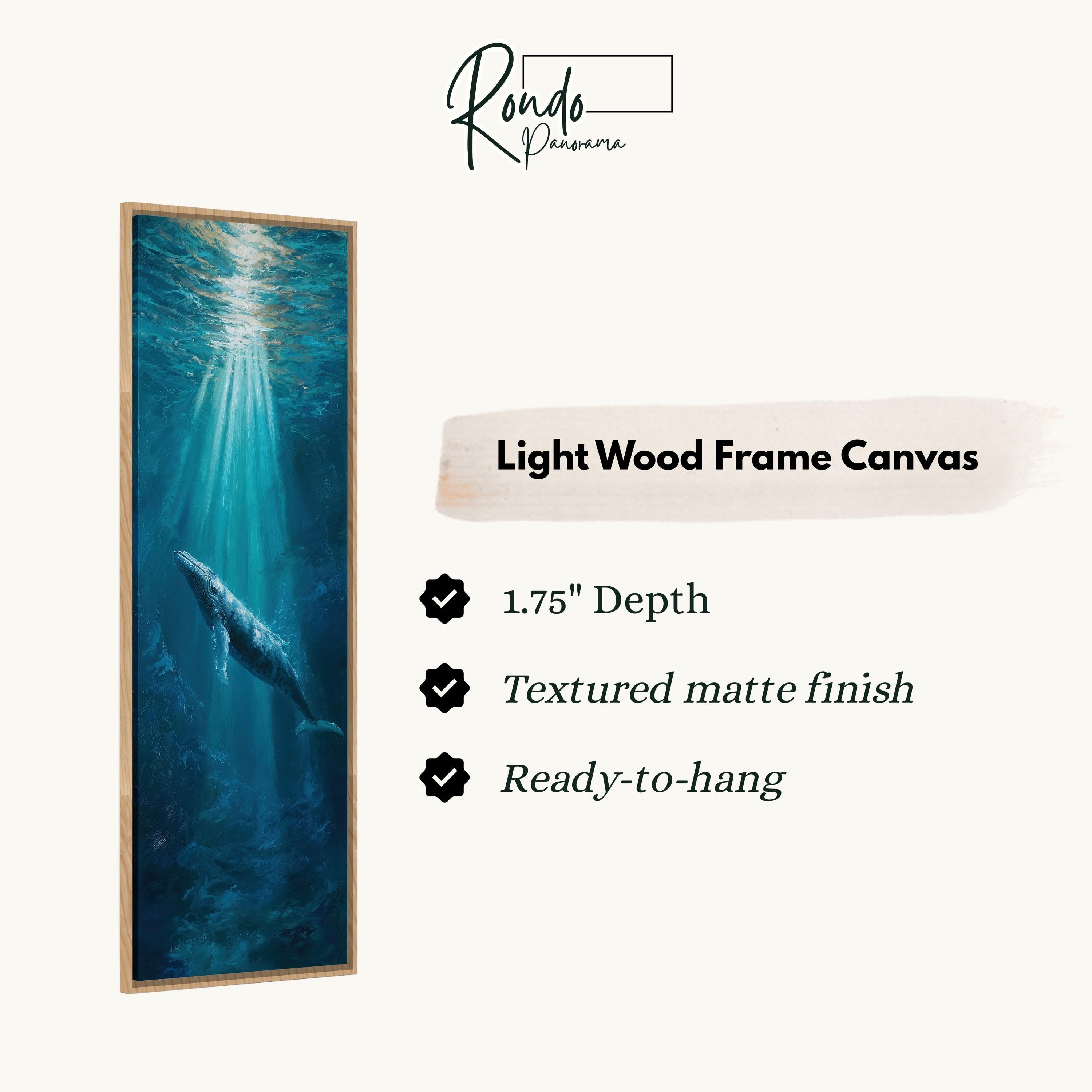The image is a vertical light wood frame canvas depicting a whale swimming in the ocean.