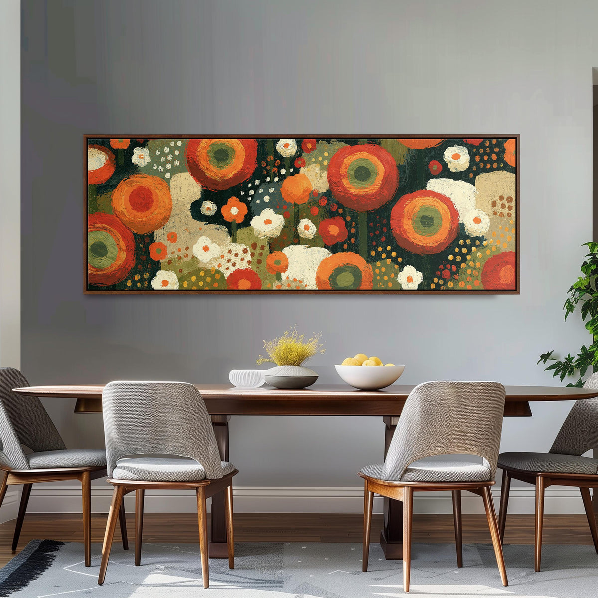 Concentric poppy rings long horizontal canvas print above a dining table