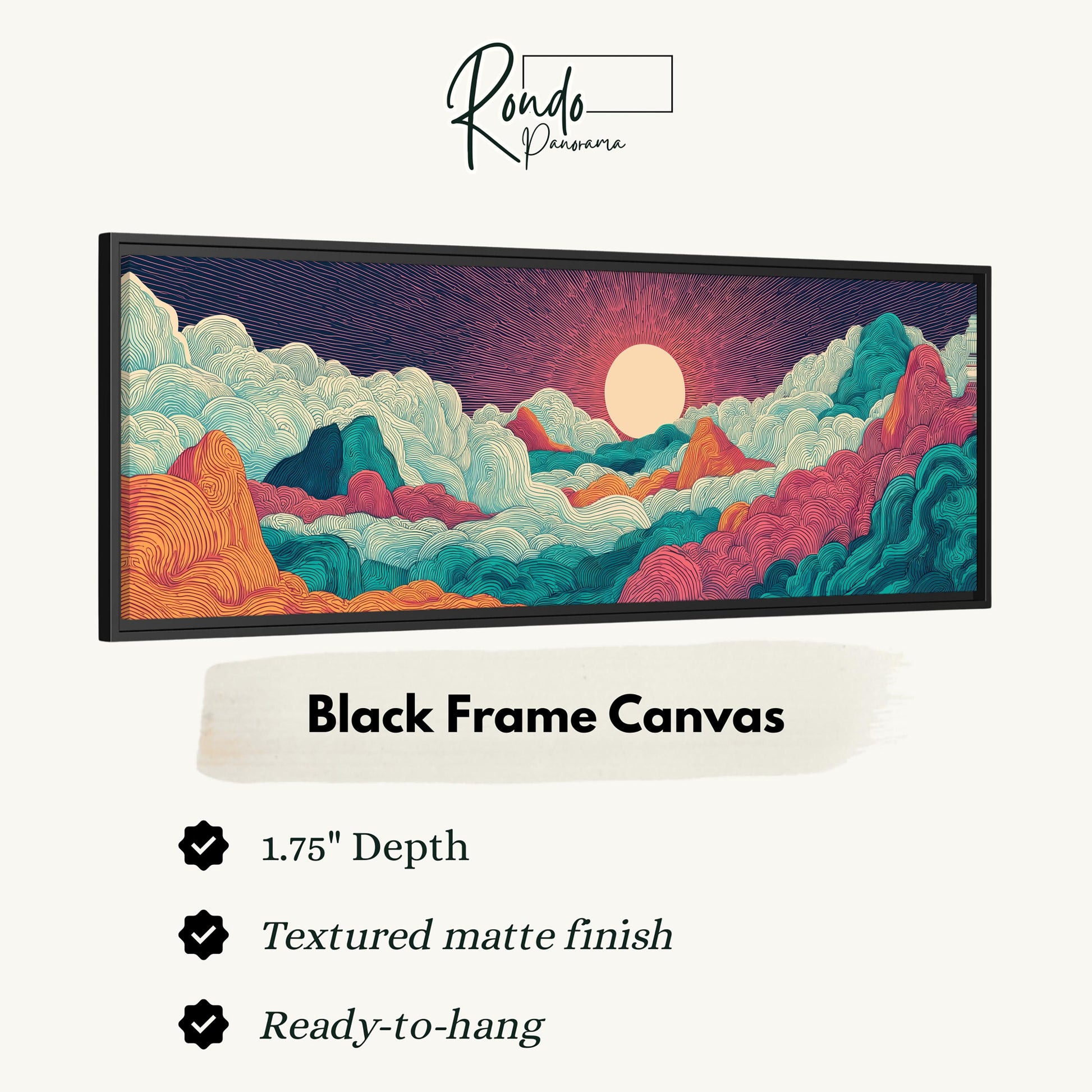 The image is a black frame canvas depicting a landscape with mountains, clouds, and a sunset.