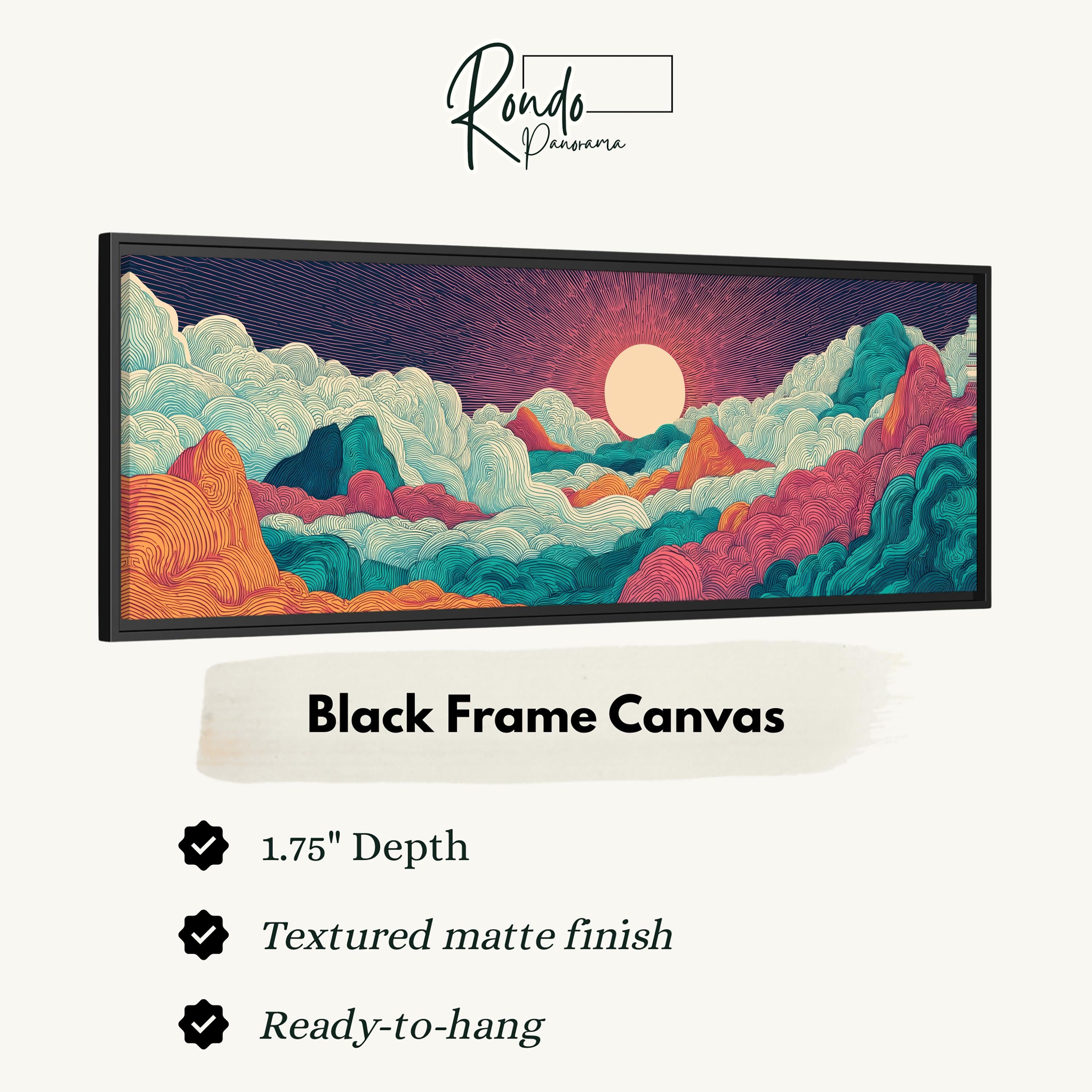 The image is a black frame canvas depicting a landscape with mountains, clouds, and a sunset.