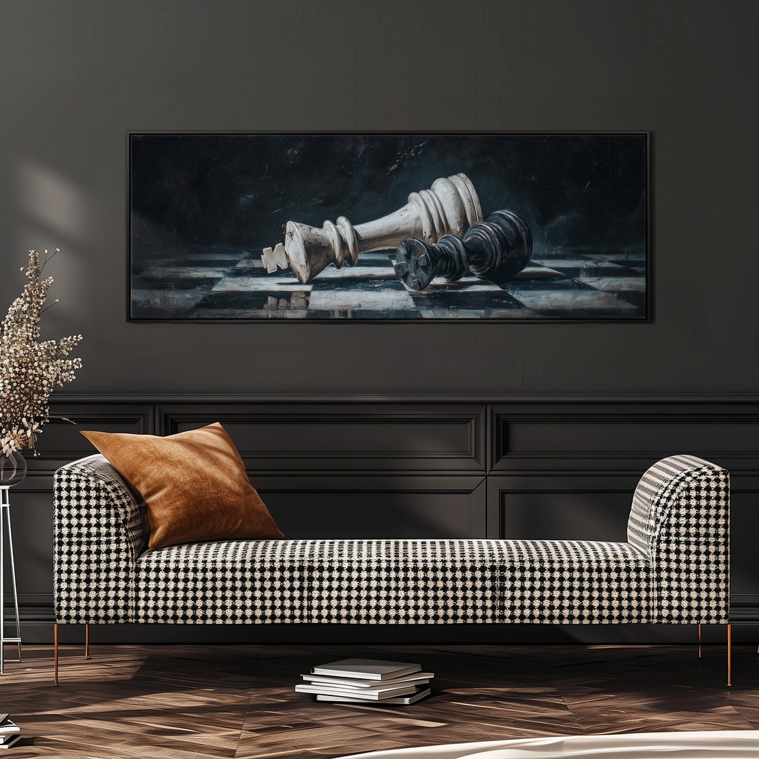 a large black and white checkered sofa with a brown throw pillow, set against a dark wall with a framed painting of a chess king and pieces above it.